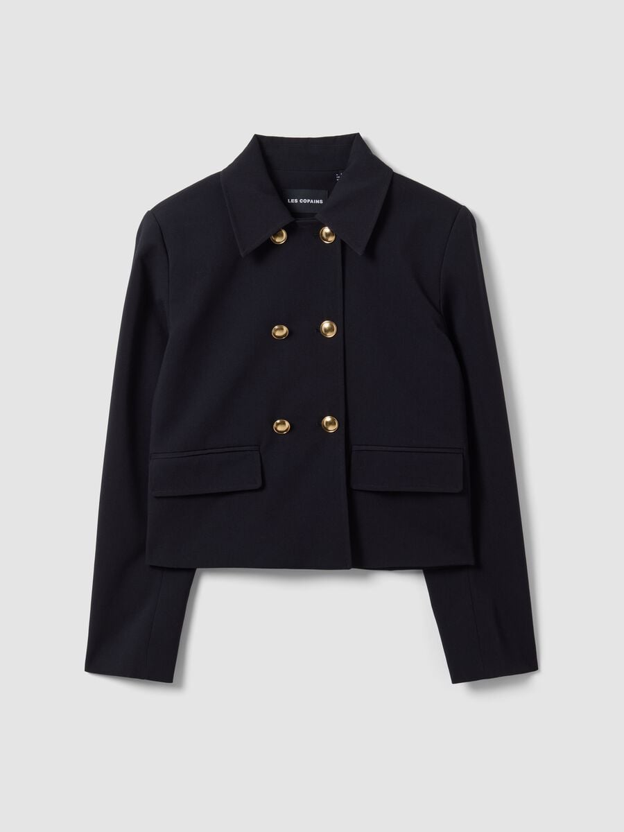 Blazer a doppio petto blu in viscosa elasticizzata con bottoni dorati_0