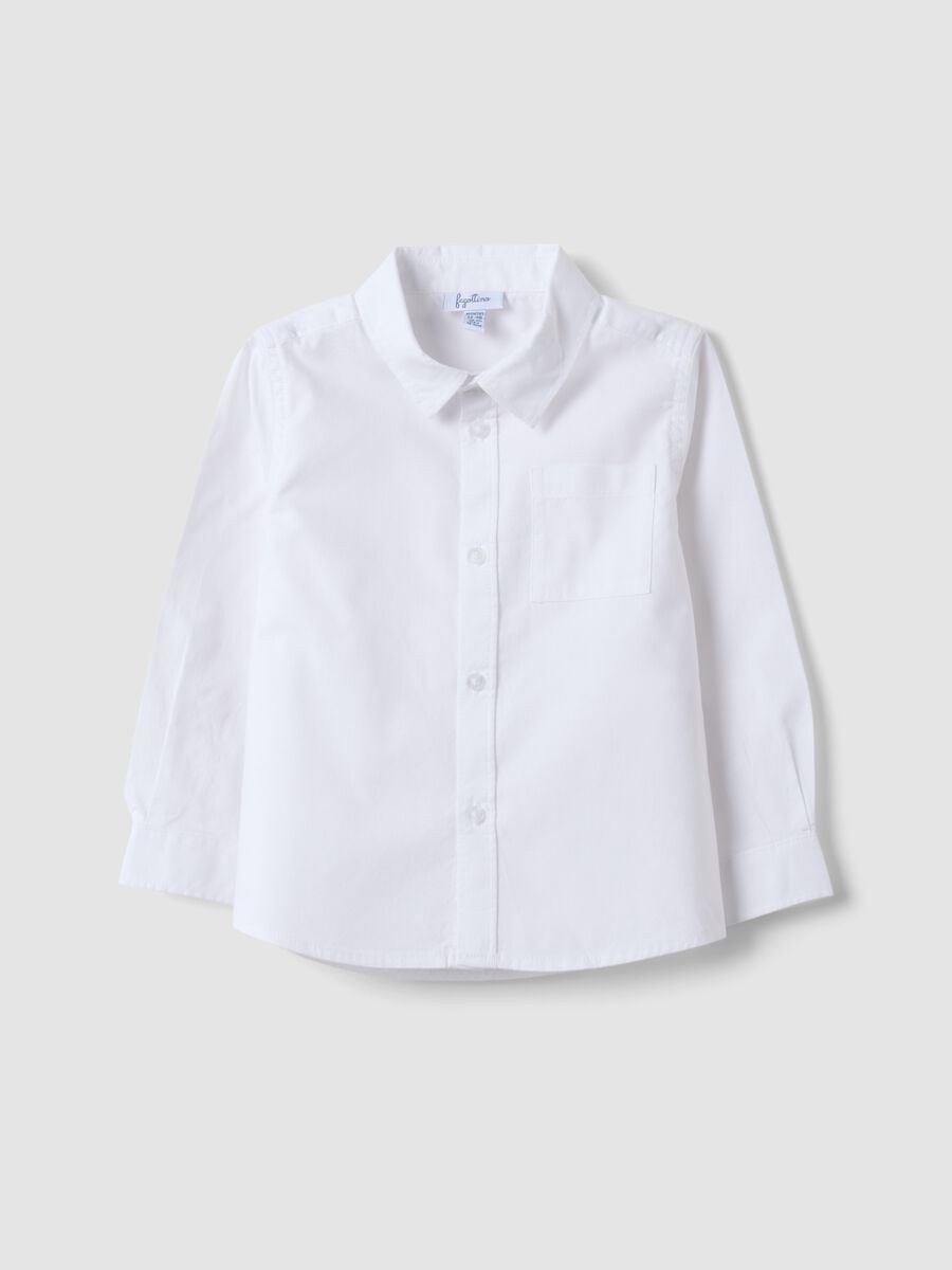 White pure cotton shirt with classic collar and chest pocket for baby boy_0