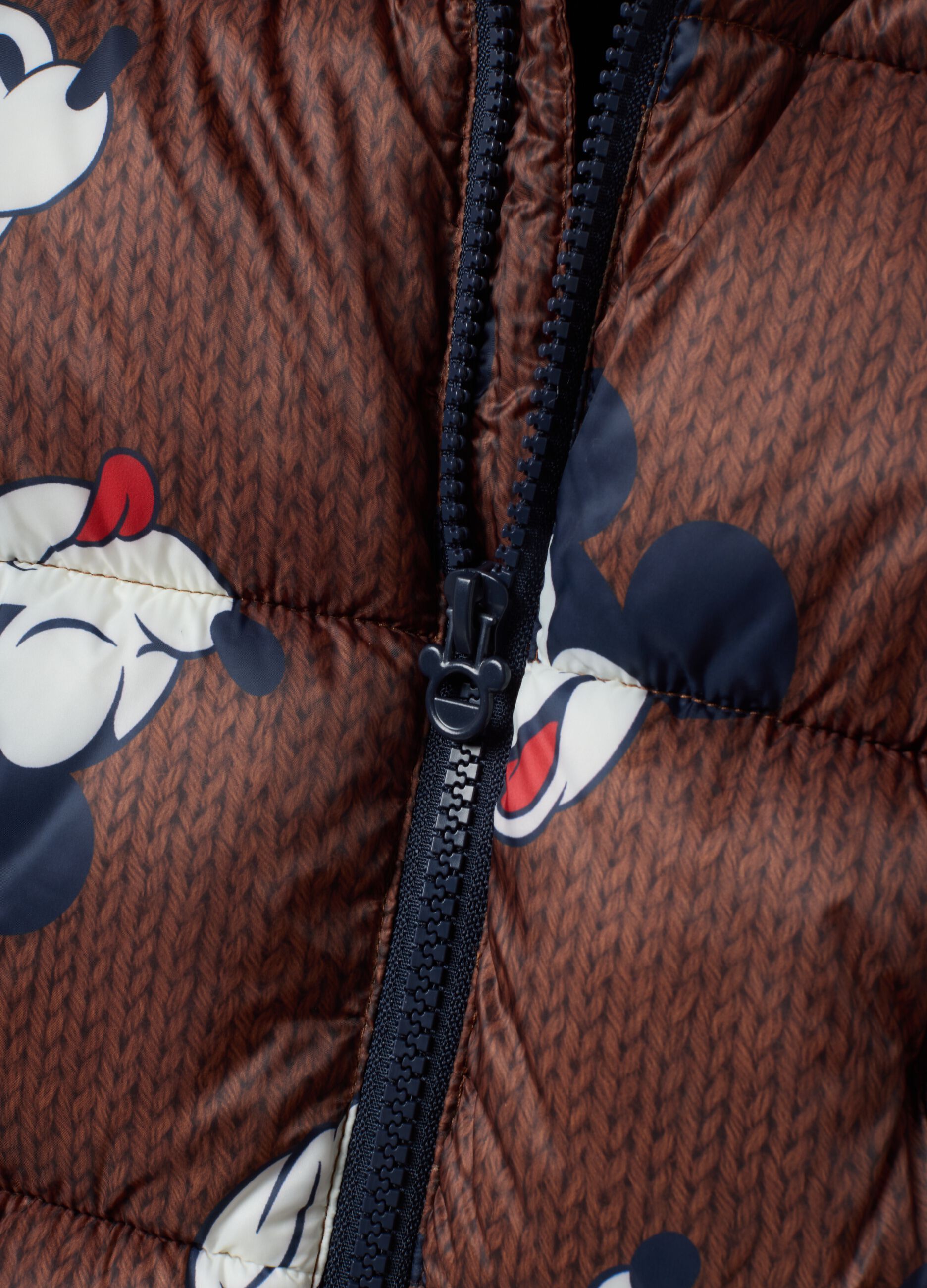 Brown padded jacket with hood and Mickey & Friends print