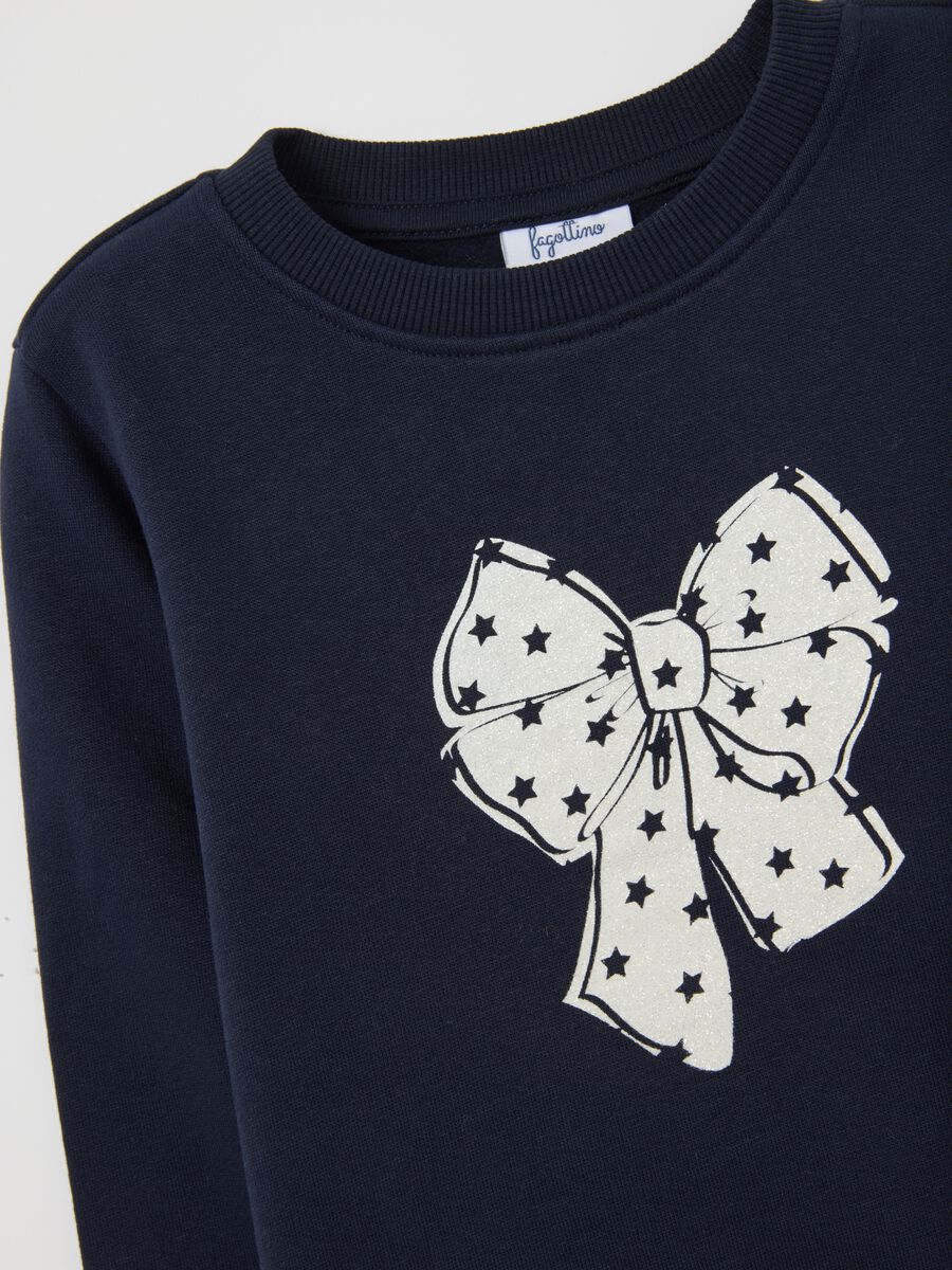 Blue girls' sweatshirt in pure cotton with bow print_2