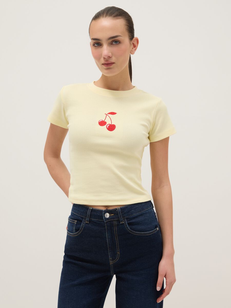 Yellow pure cotton regular fit T-shirt with cherry print_0