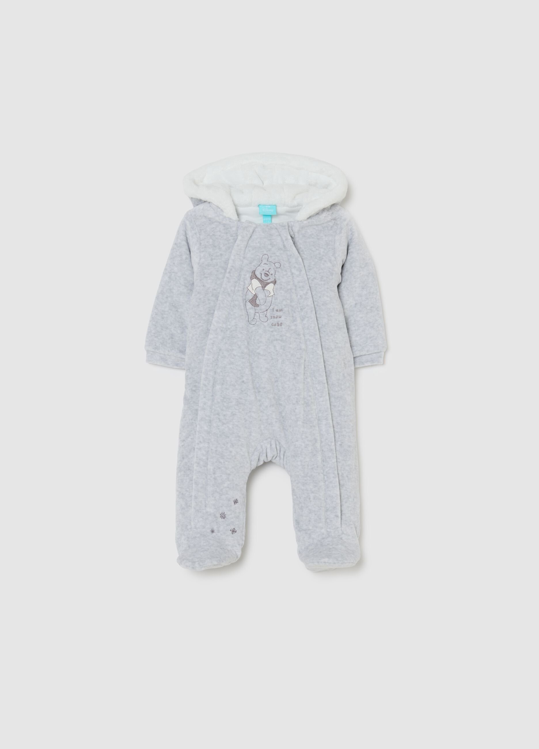 Grey newborn cotton blend playsuit with hood and embroidery