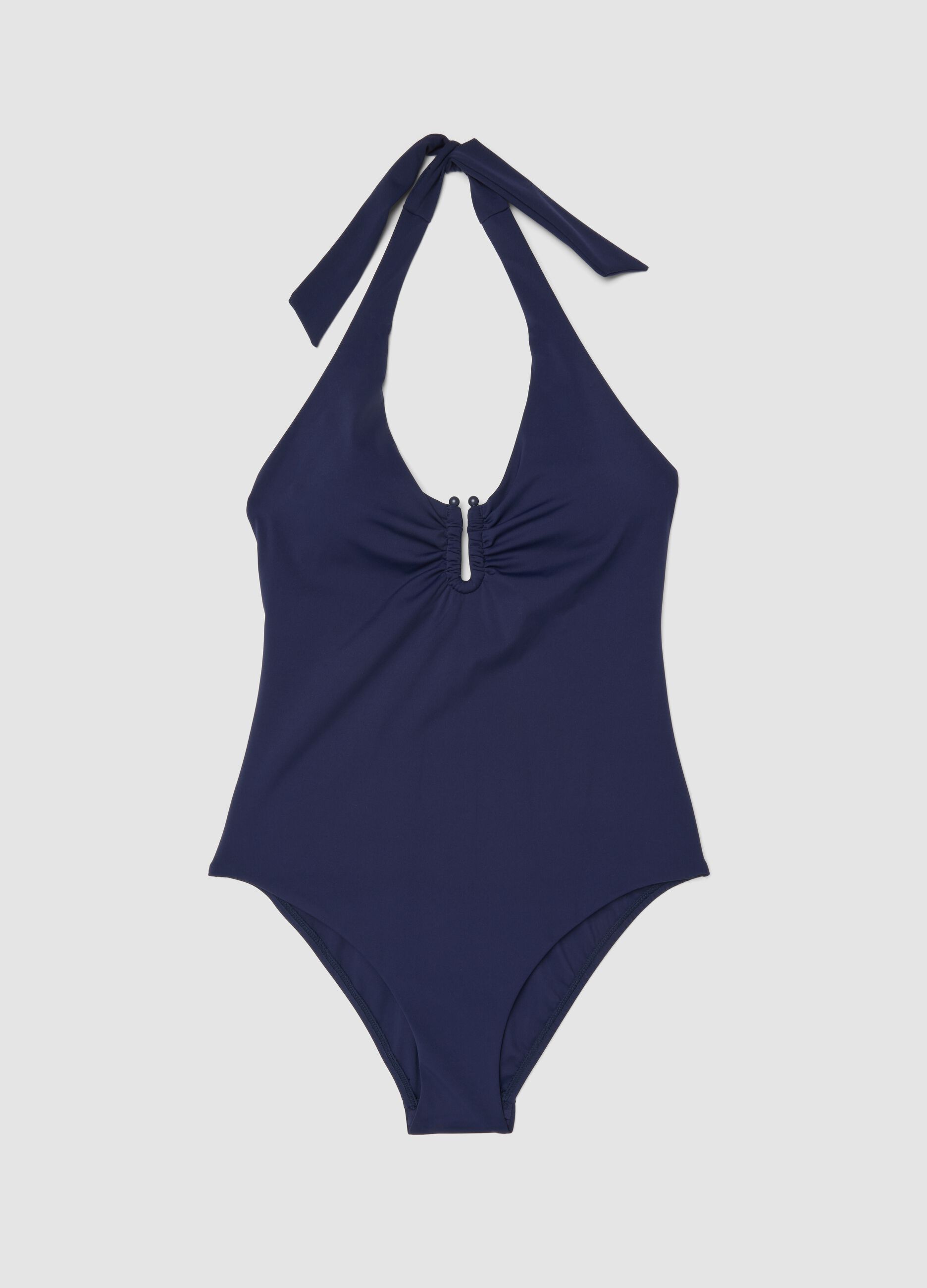 Blue stretch fabric swimsuit with halterneck ties
