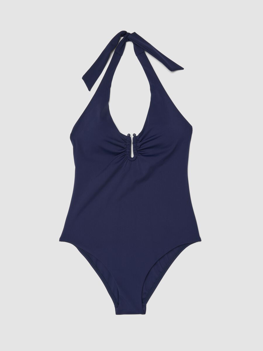 Blue stretch fabric swimsuit with halterneck ties_4