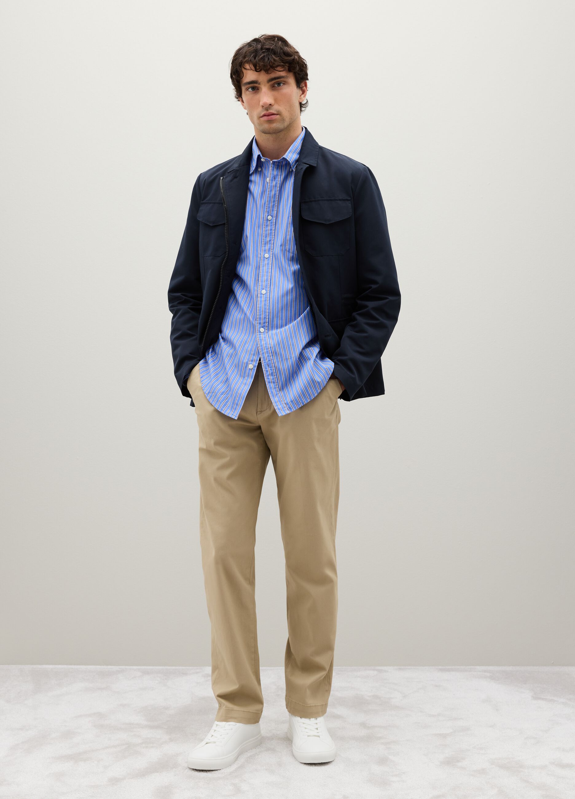 Beige Regular Fit Stretch Cotton Trousers