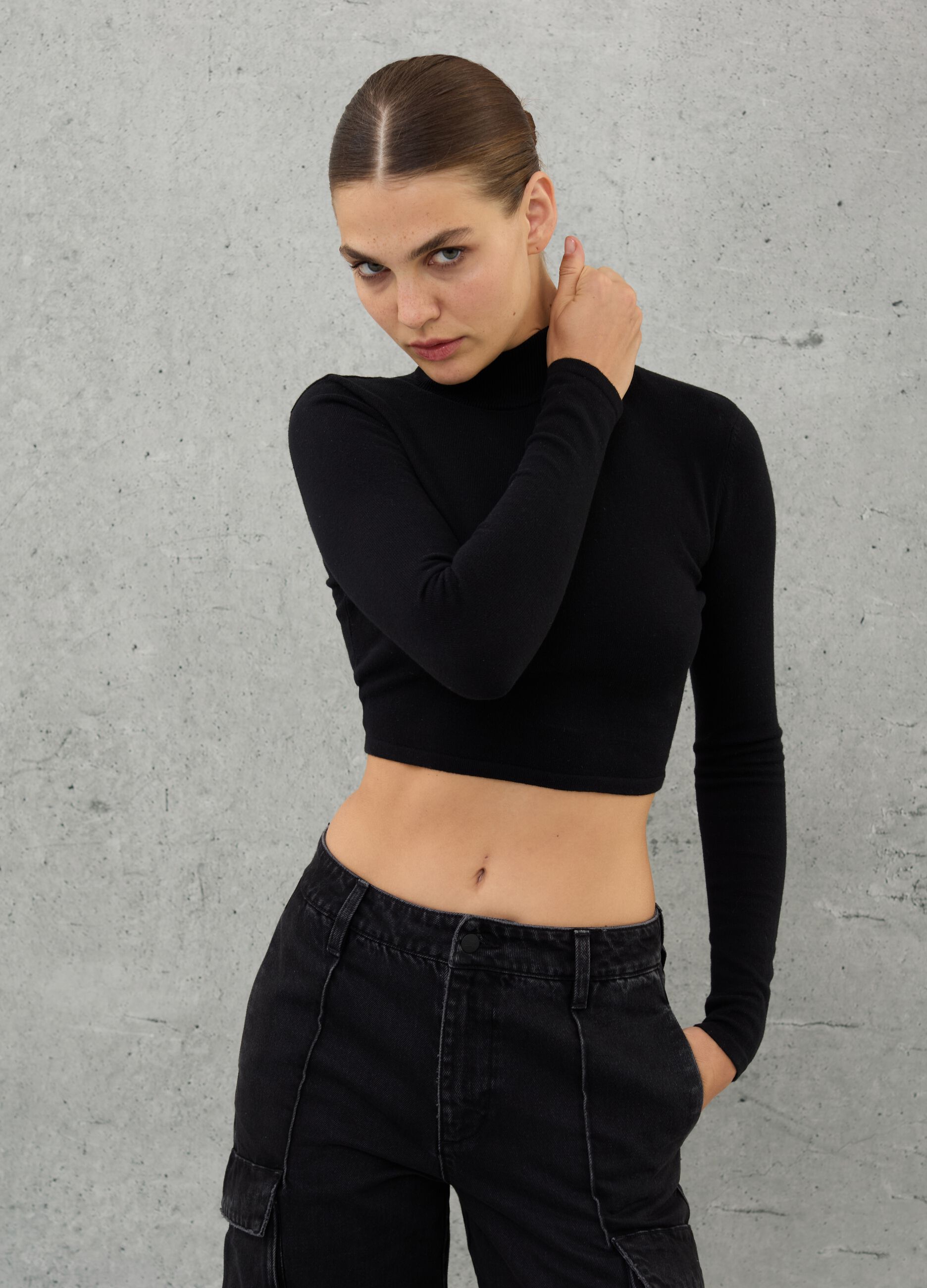 High Neck Knit Top Black