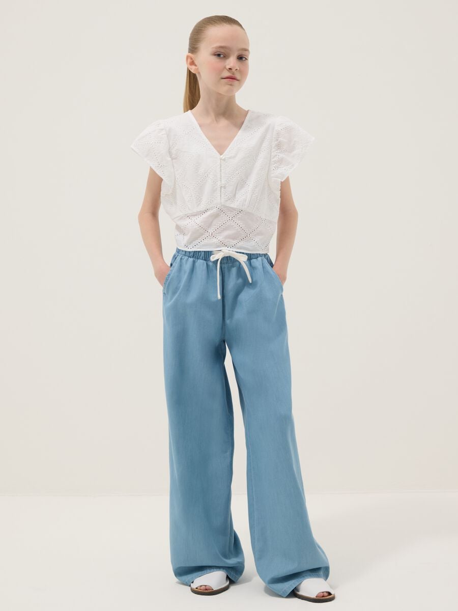 Pantaloni denim azzurri in puro cotone da ragazza wide leg_0