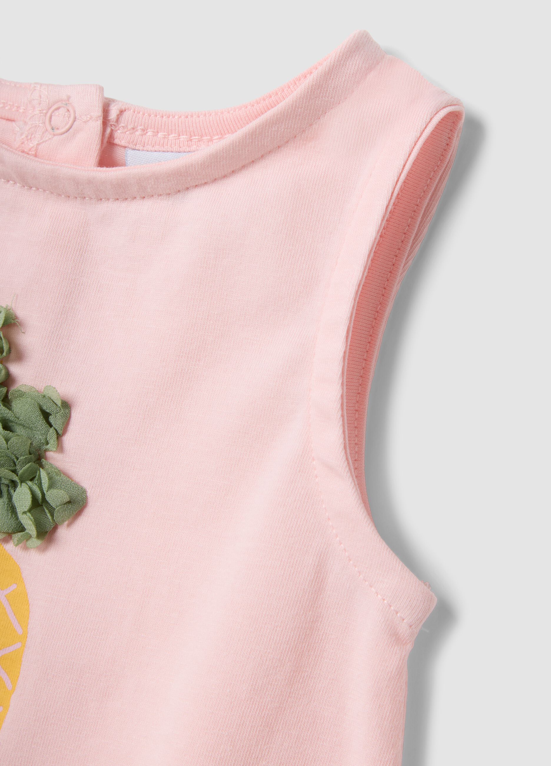 Pink stretch cotton fitted vest top with print and applique for baby girl