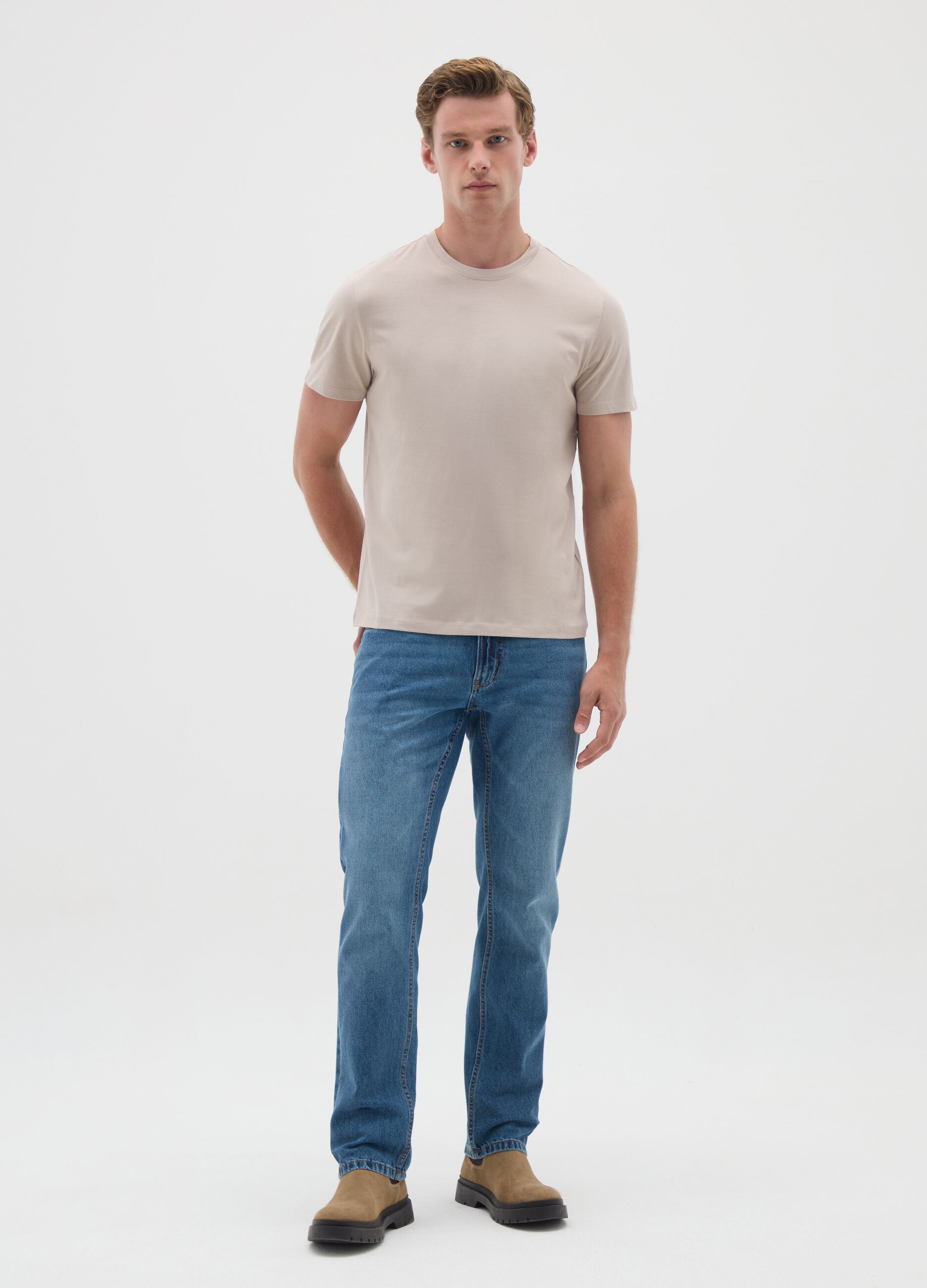 Beige pure cotton regular fit t-shirt
