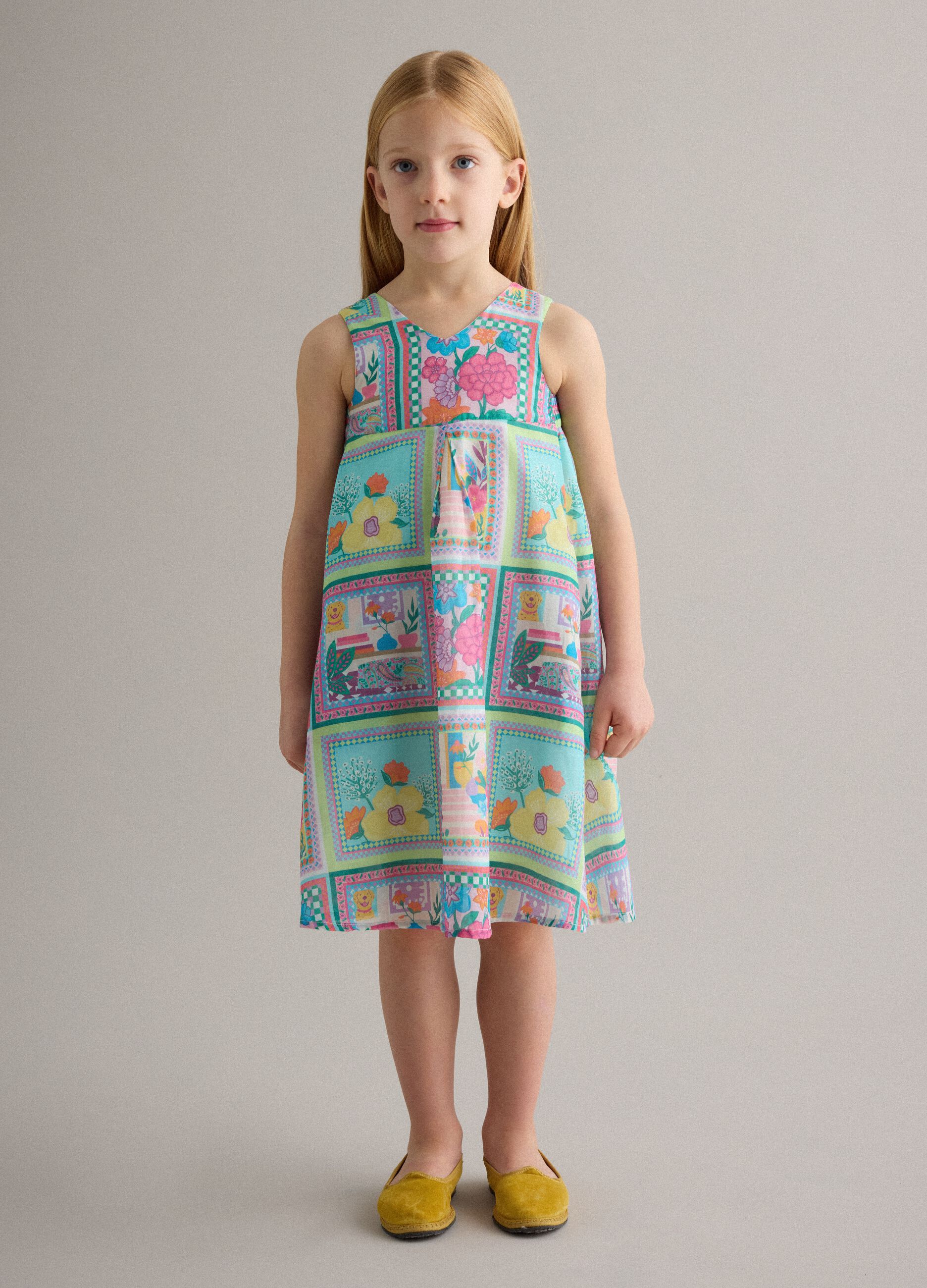 Vestito senza maniche in puro cotone multicolor da bambina con fiori