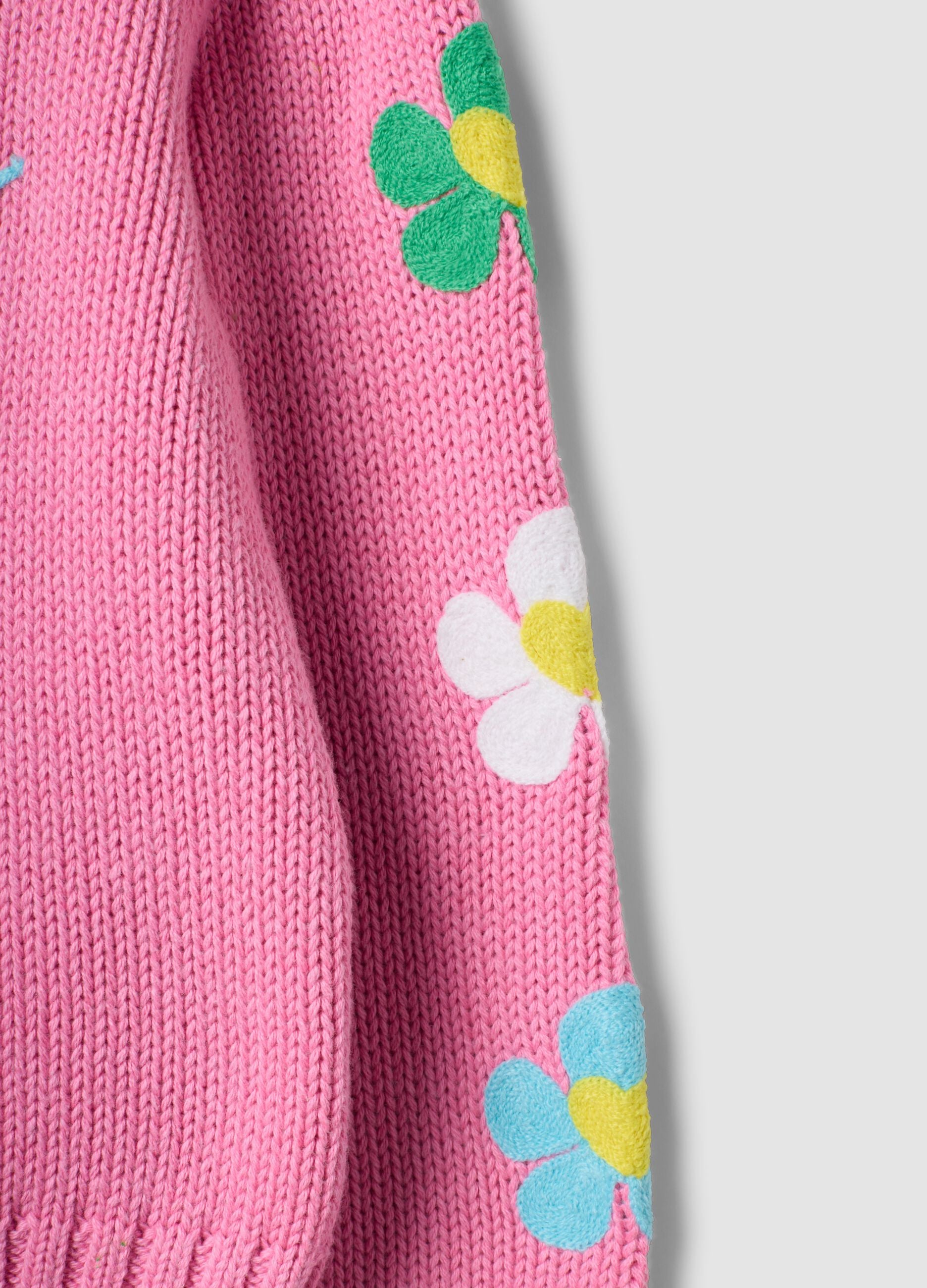 Pink cotton-blend crew-neck top with floral sleeves for girls