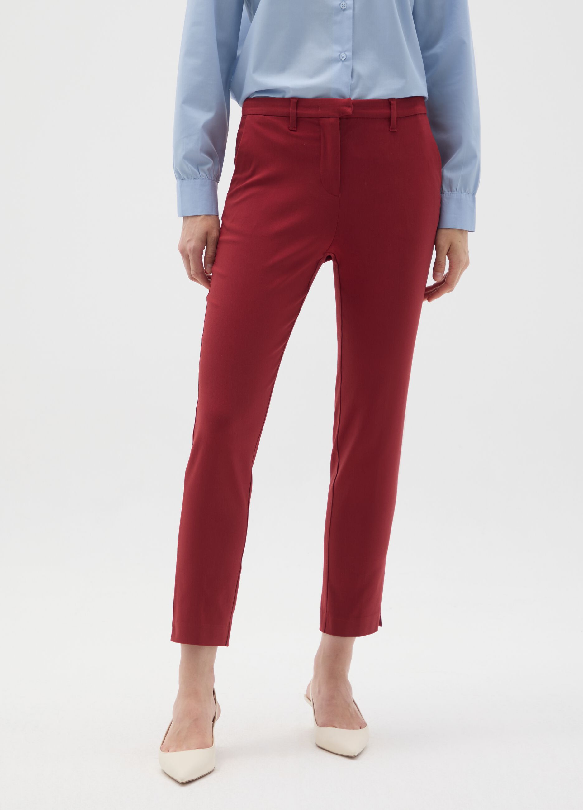 Red viscose blend slim fit trousers