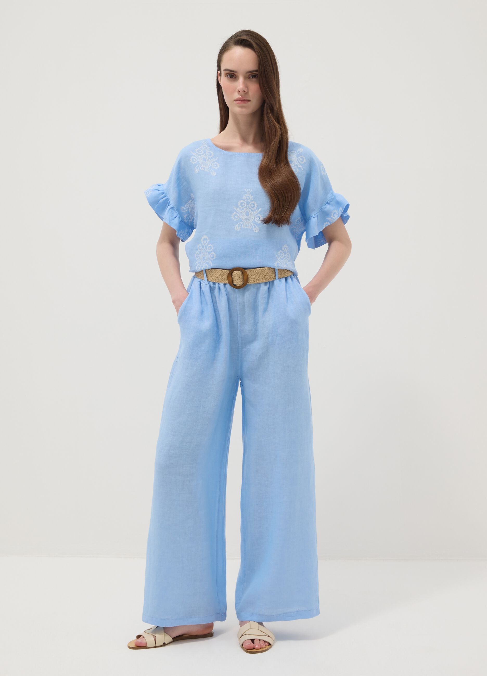 Sky-blue pure linen wide-leg trousers with elasticated waist