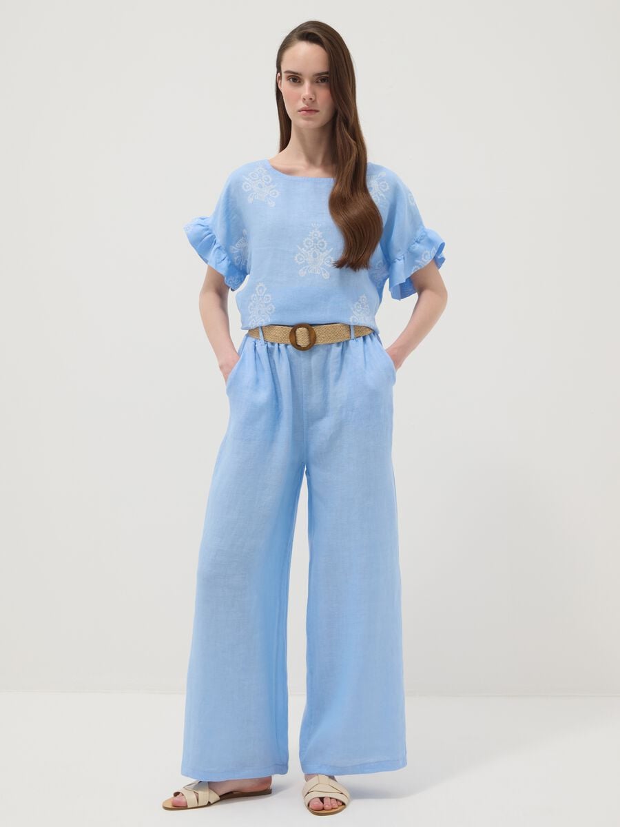 Sky-blue pure linen wide-leg trousers with elasticated waist_0