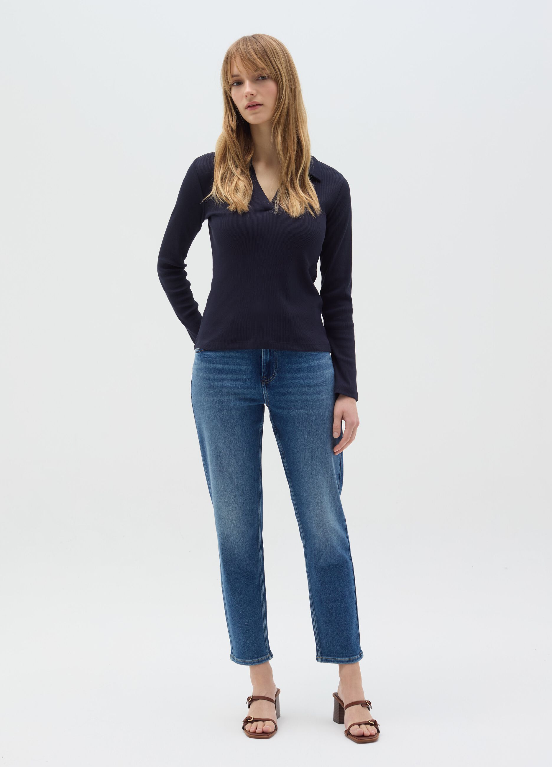 Ribbed T-shirt with polo shirt neck