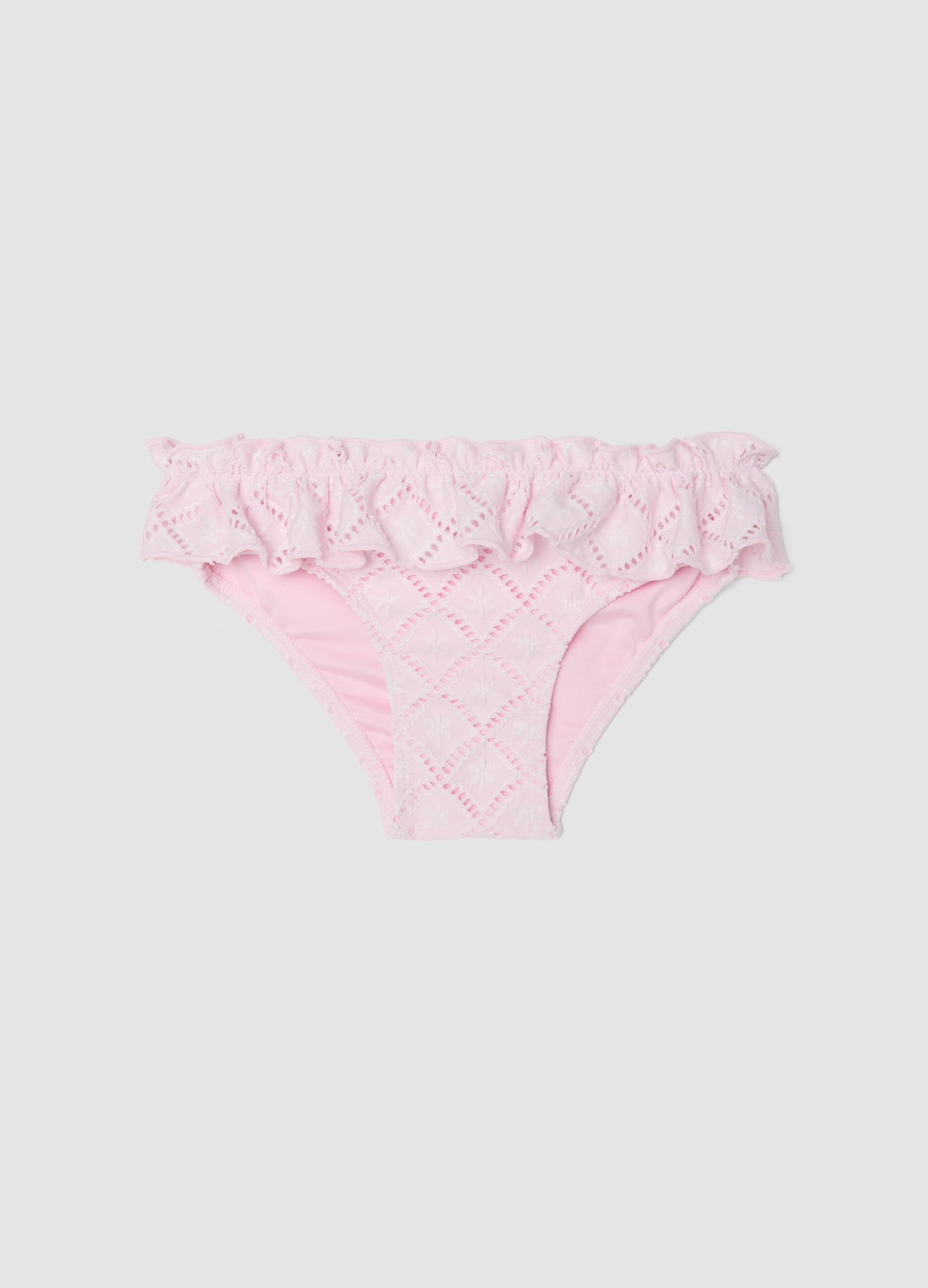 Pink stretchy bikini bottoms with frill