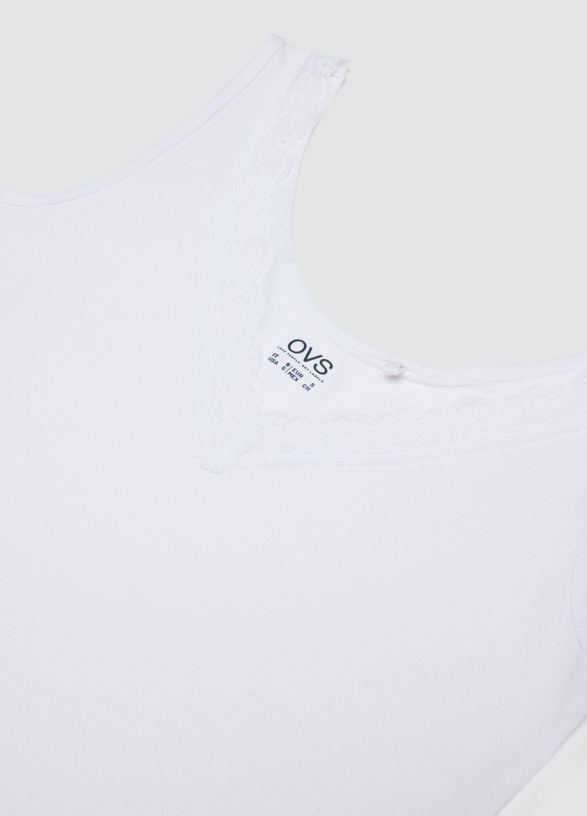 White stretch viscose vest top with deep V-neck and lace trim