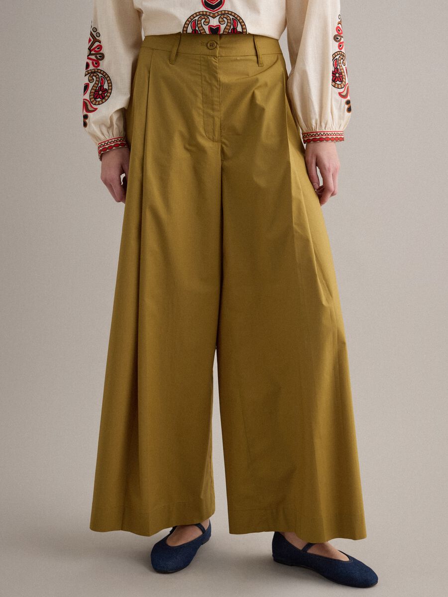Green wide-leg trousers in pure cotton_1