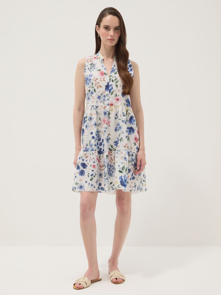 White pure cotton dress with floral print and V-neck, oversized fit_1