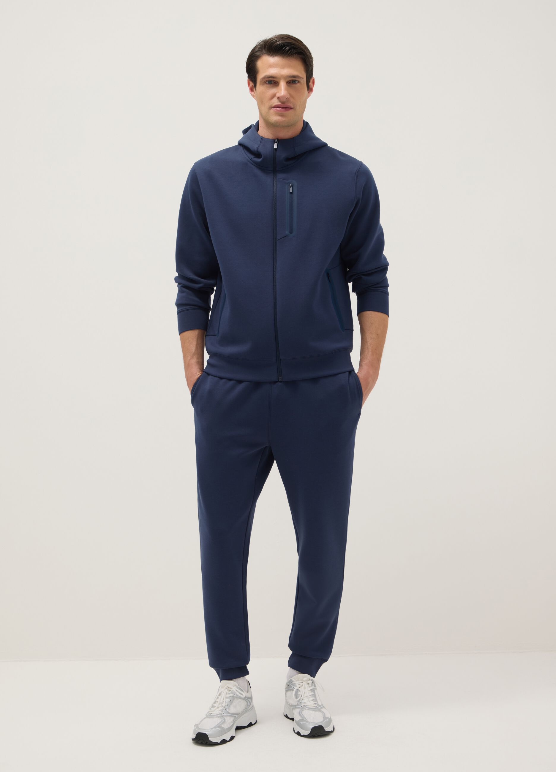 Blue Regular Fit Hooded Sweatshirt with Front Zip Neck