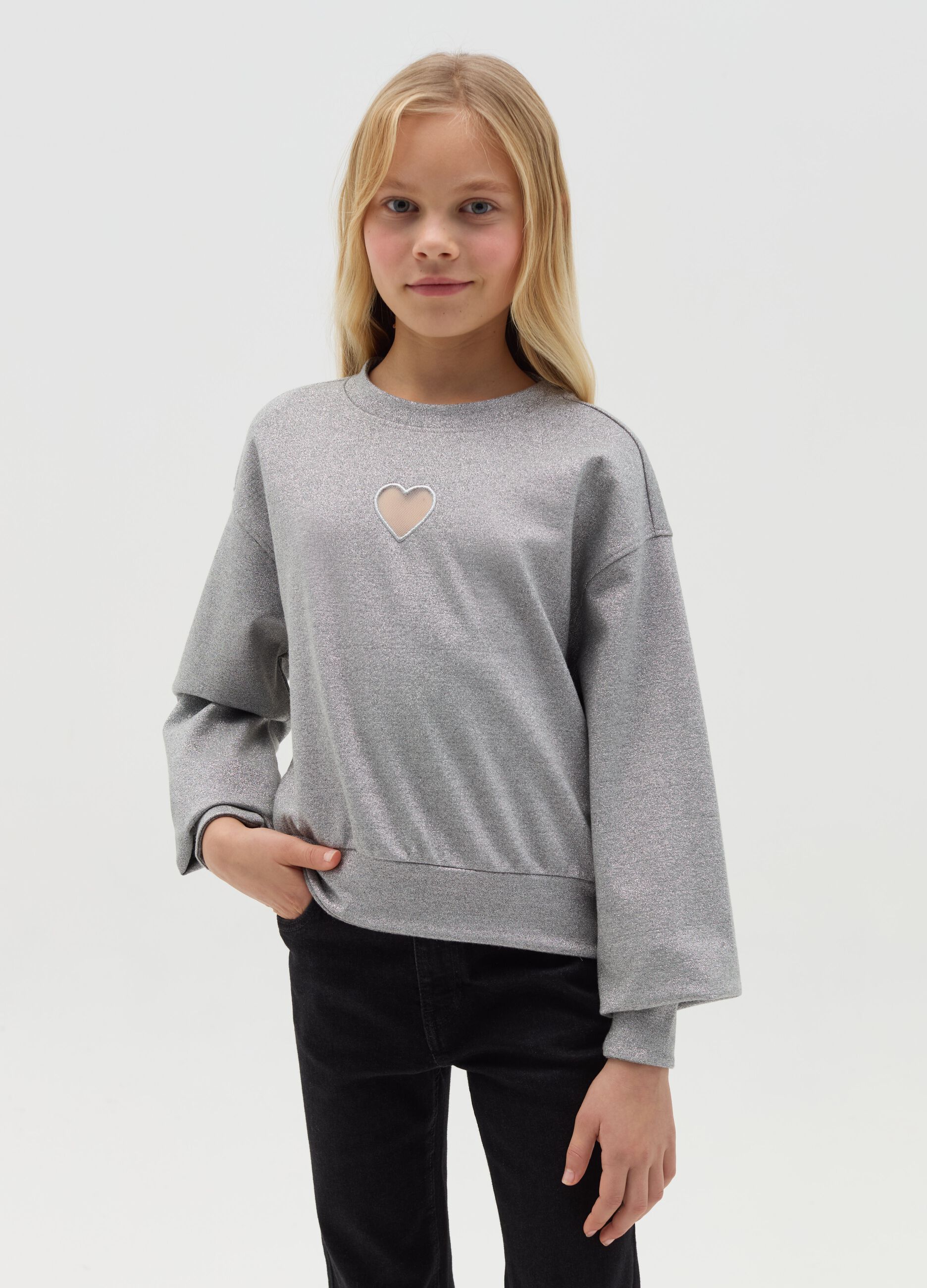 Crop sweatshirt in lurex with embroidered heart