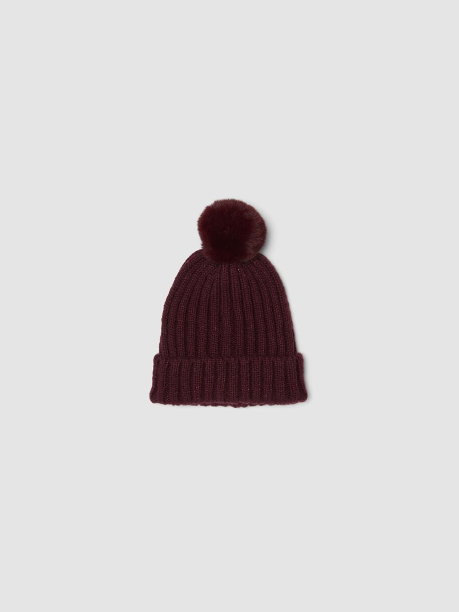 Ribbed wine-purple beanie with pompom_0