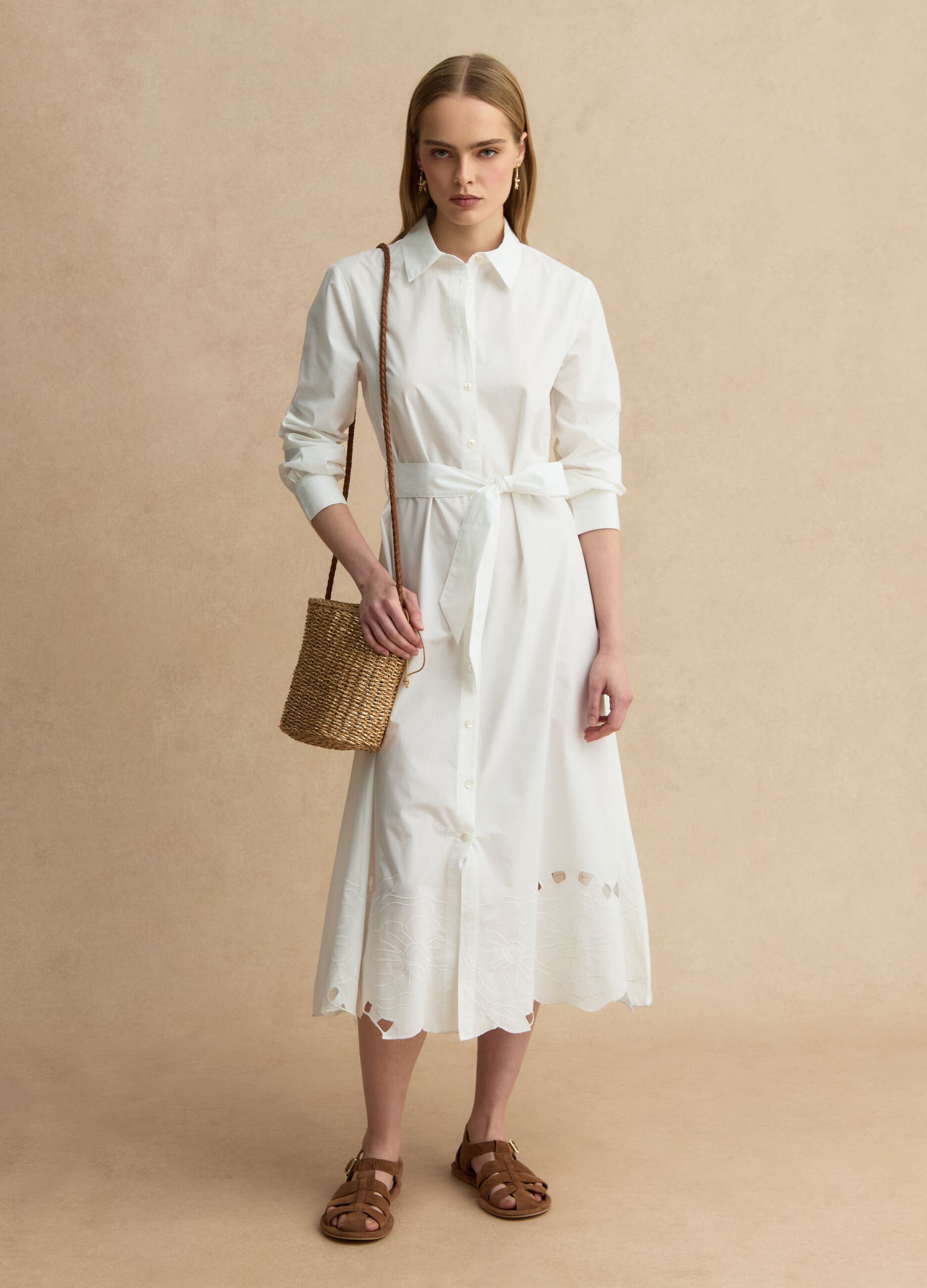 Abito lungo bianco in puro cotone regular fit con ricami