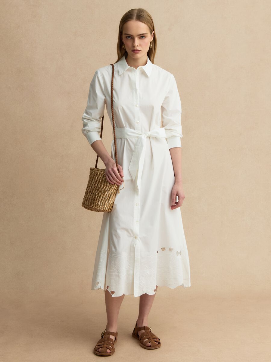 Abito lungo bianco in puro cotone regular fit con ricami_0