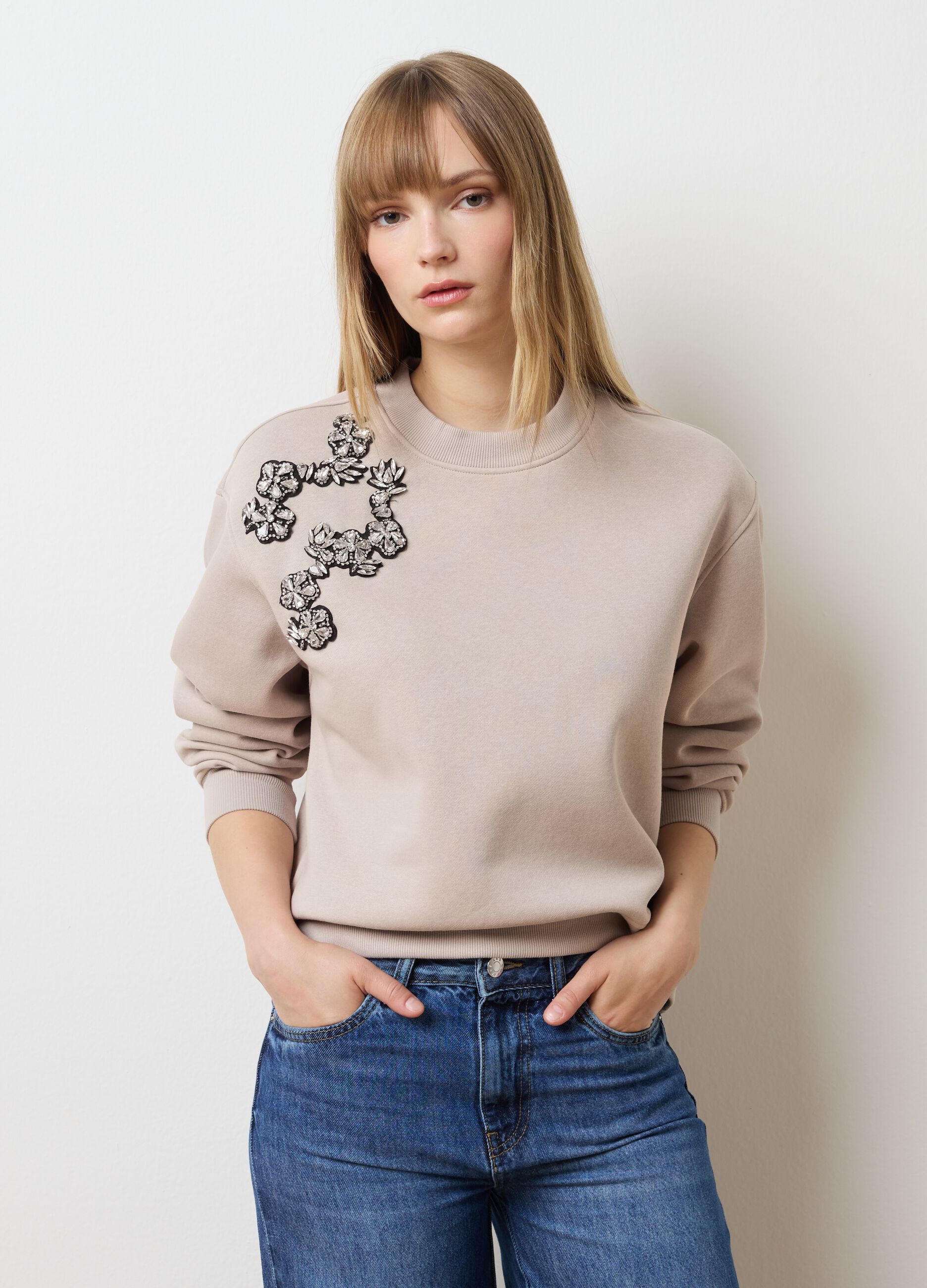 Beige cotton blend sweatshirt with embroidery