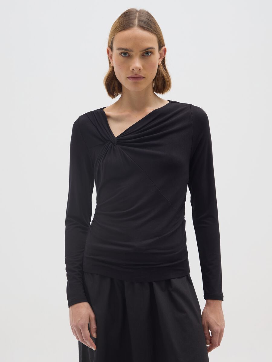 Black long-sleeved stretch viscose T-shirt_0