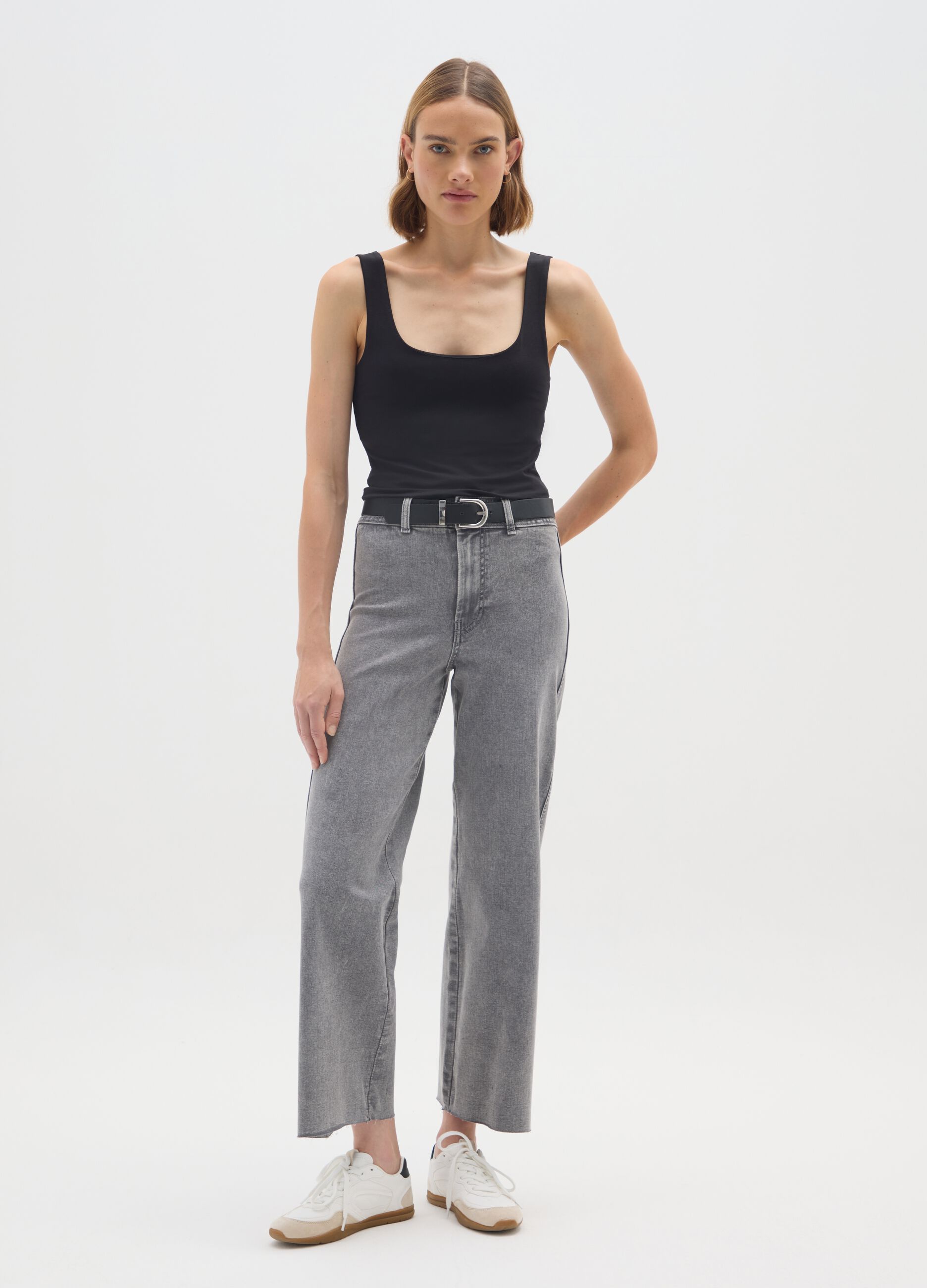 Grey wide leg cotton blend jeans
