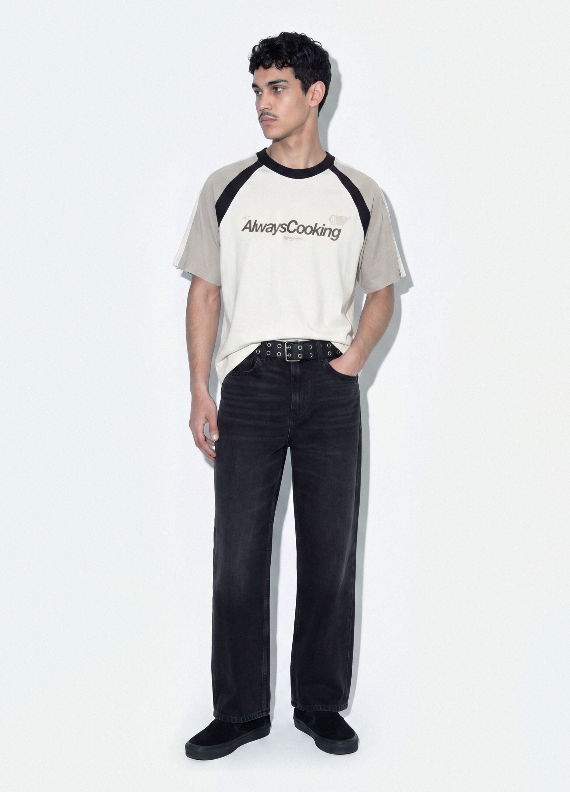 White pure cotton crew-neck T-shirt with &ldquo;Always Cooking&rdquo; slogan