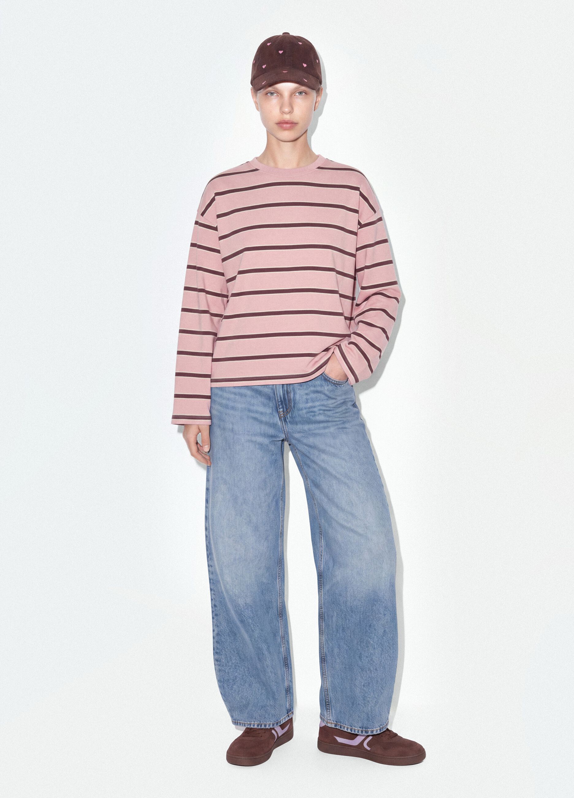 Pink pure cotton striped sweatshirt with crew neck, relaxed fit
