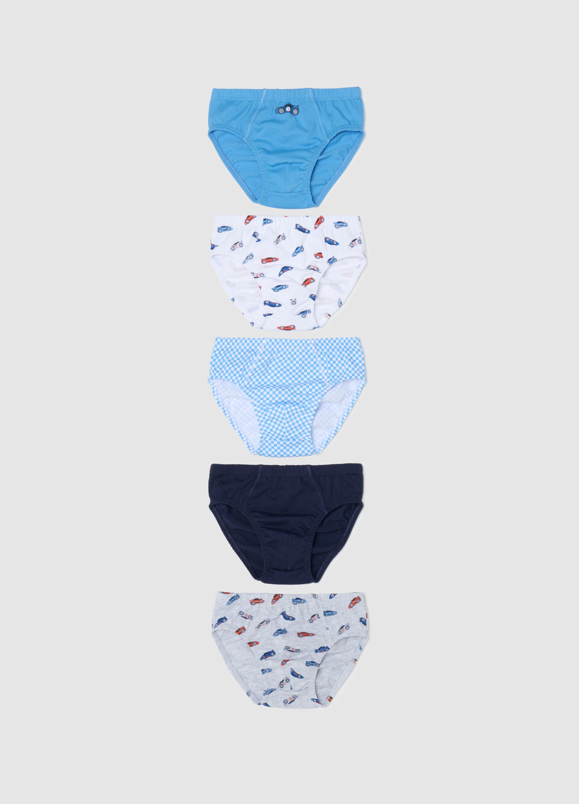 Five-pack cotton briefs with racing car print