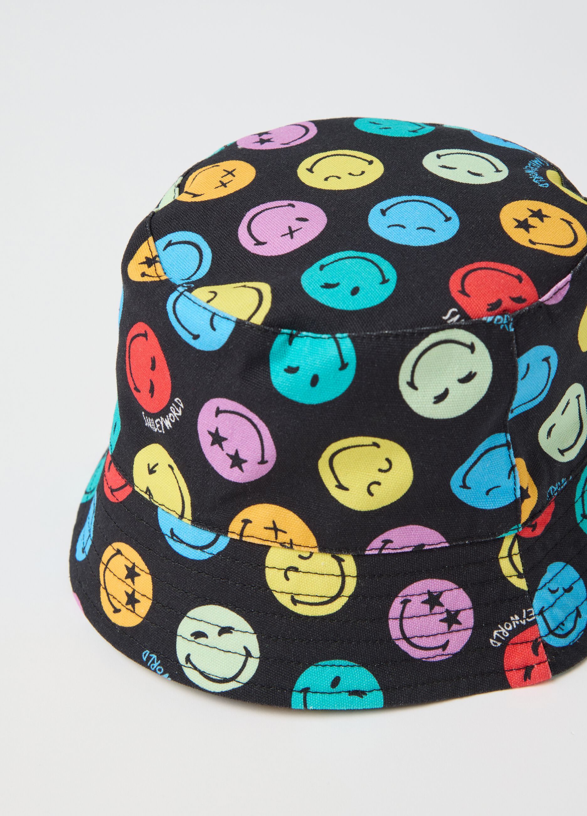 Multicolour cotton bucket hat with smiley prints