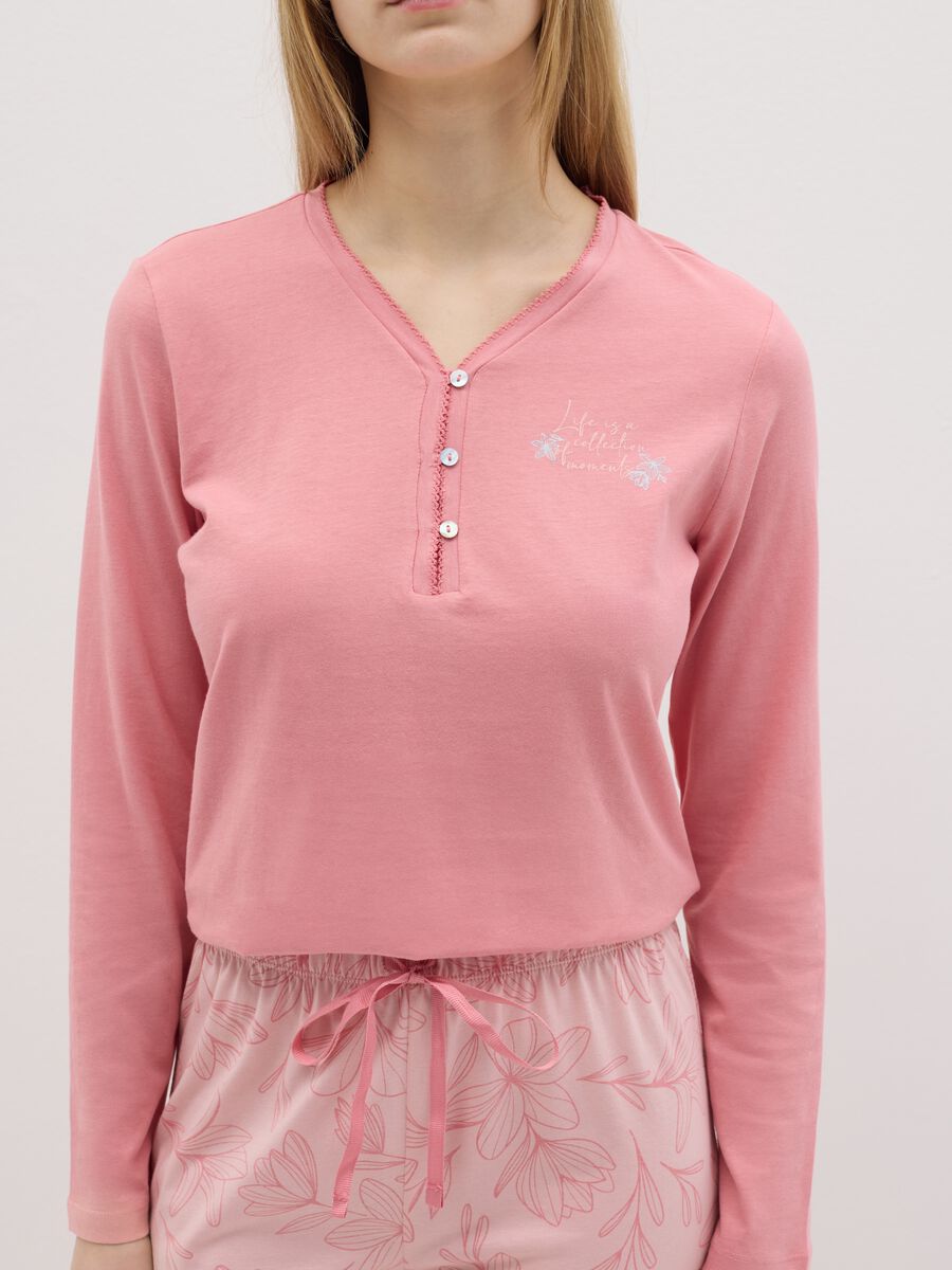 Pink cotton pyjamas with granddad neckline and print_3