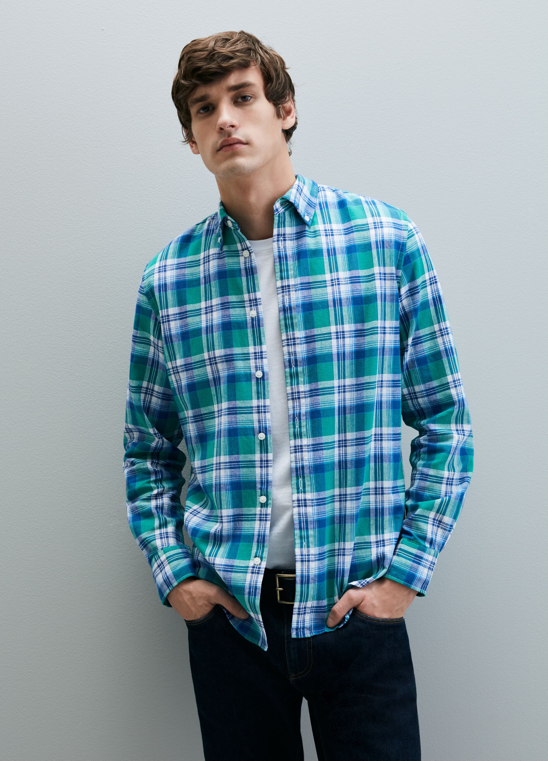Check shirt in cotton and linen