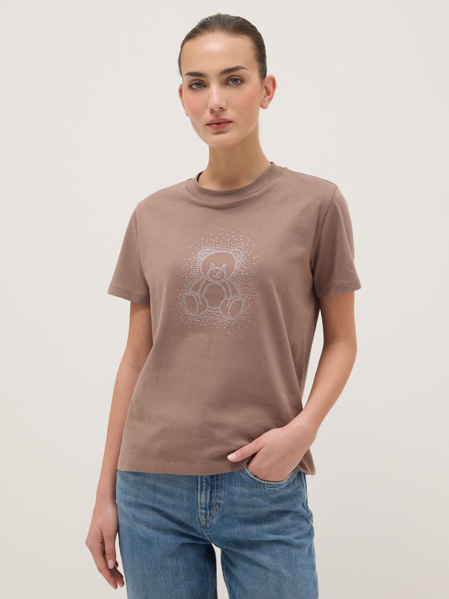 Pure cotton brown t-shirt regular fit with glittery teddy bear_0