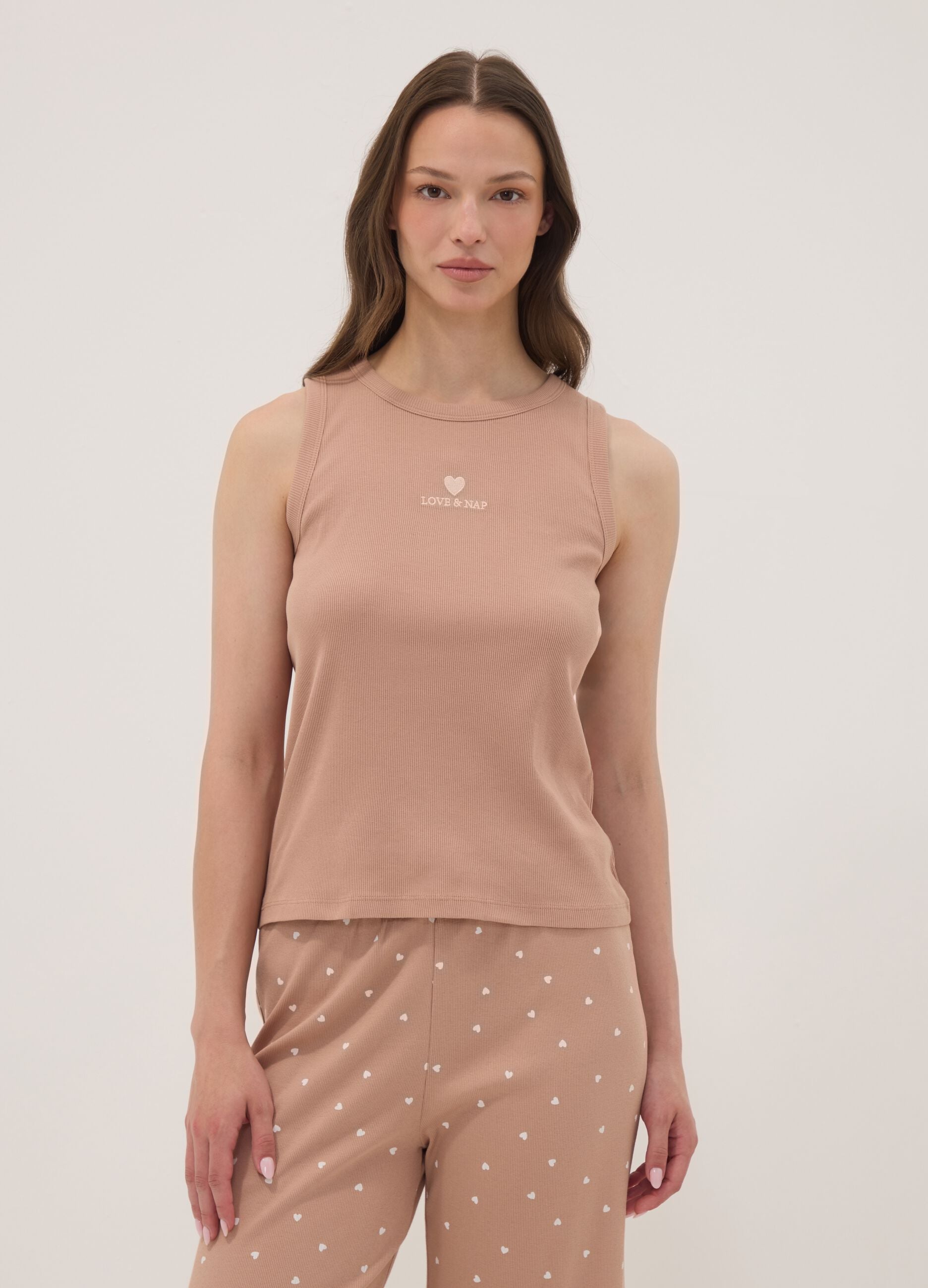 Brown pure organic cotton pyjamas with sleeveless top and printed trousers