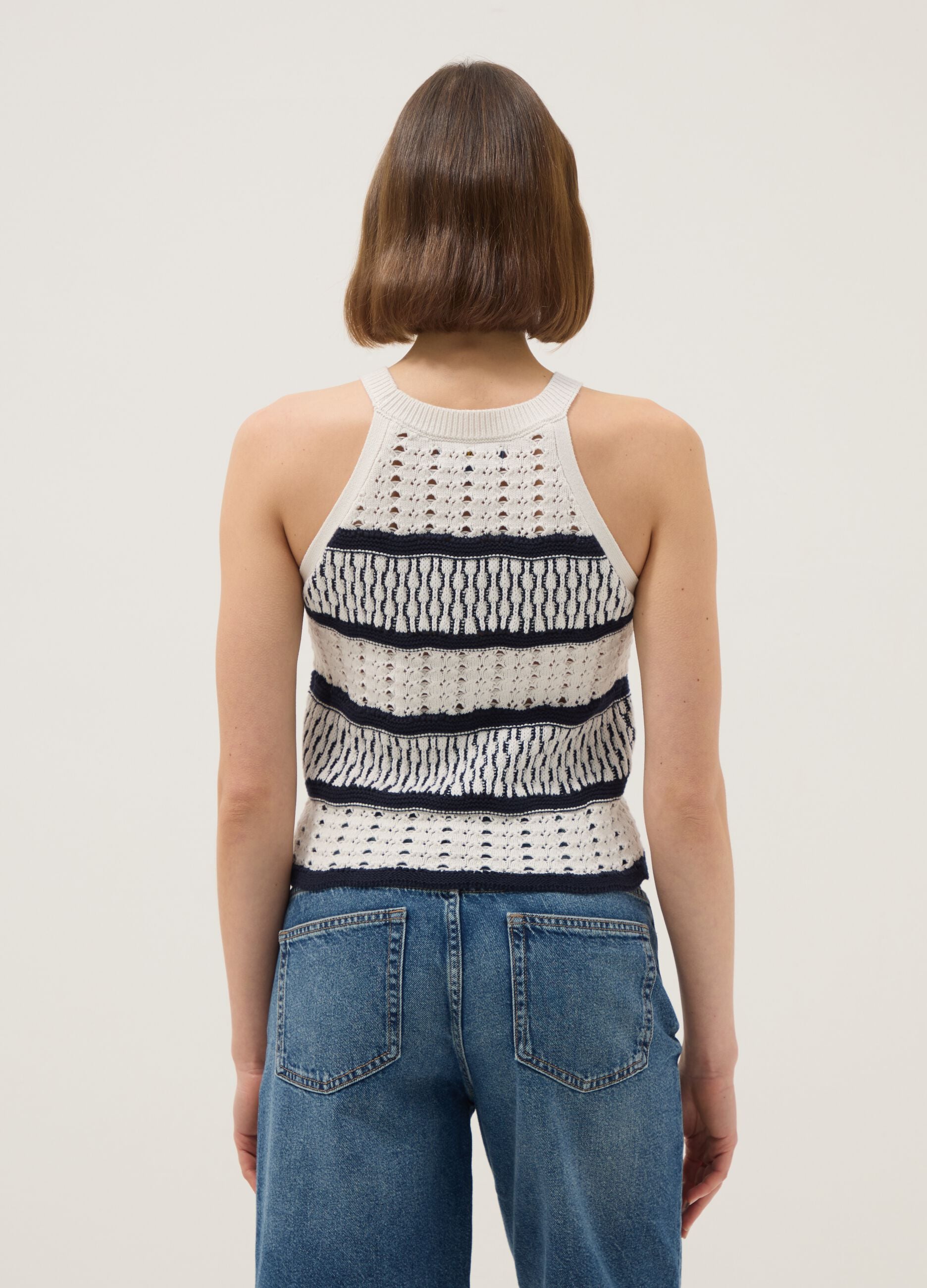 Canotta fitted in puro cotone a righe multicolor con texture a rete
