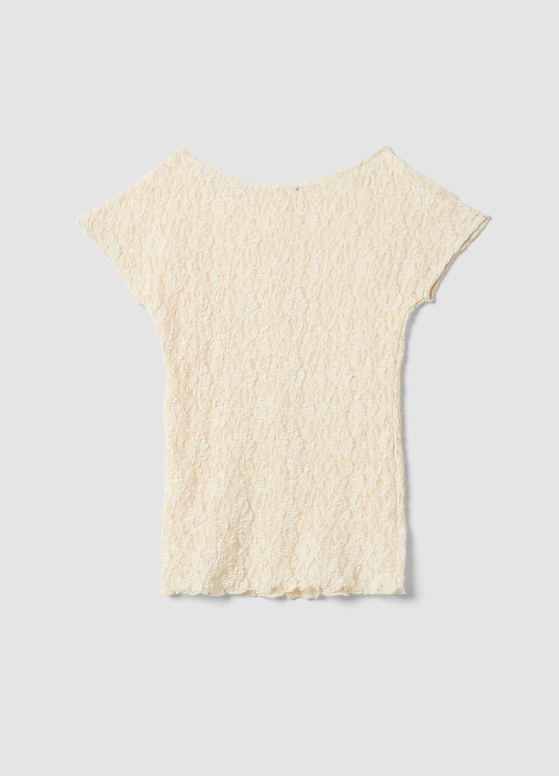 White stretch T-shirt with raised floral texture