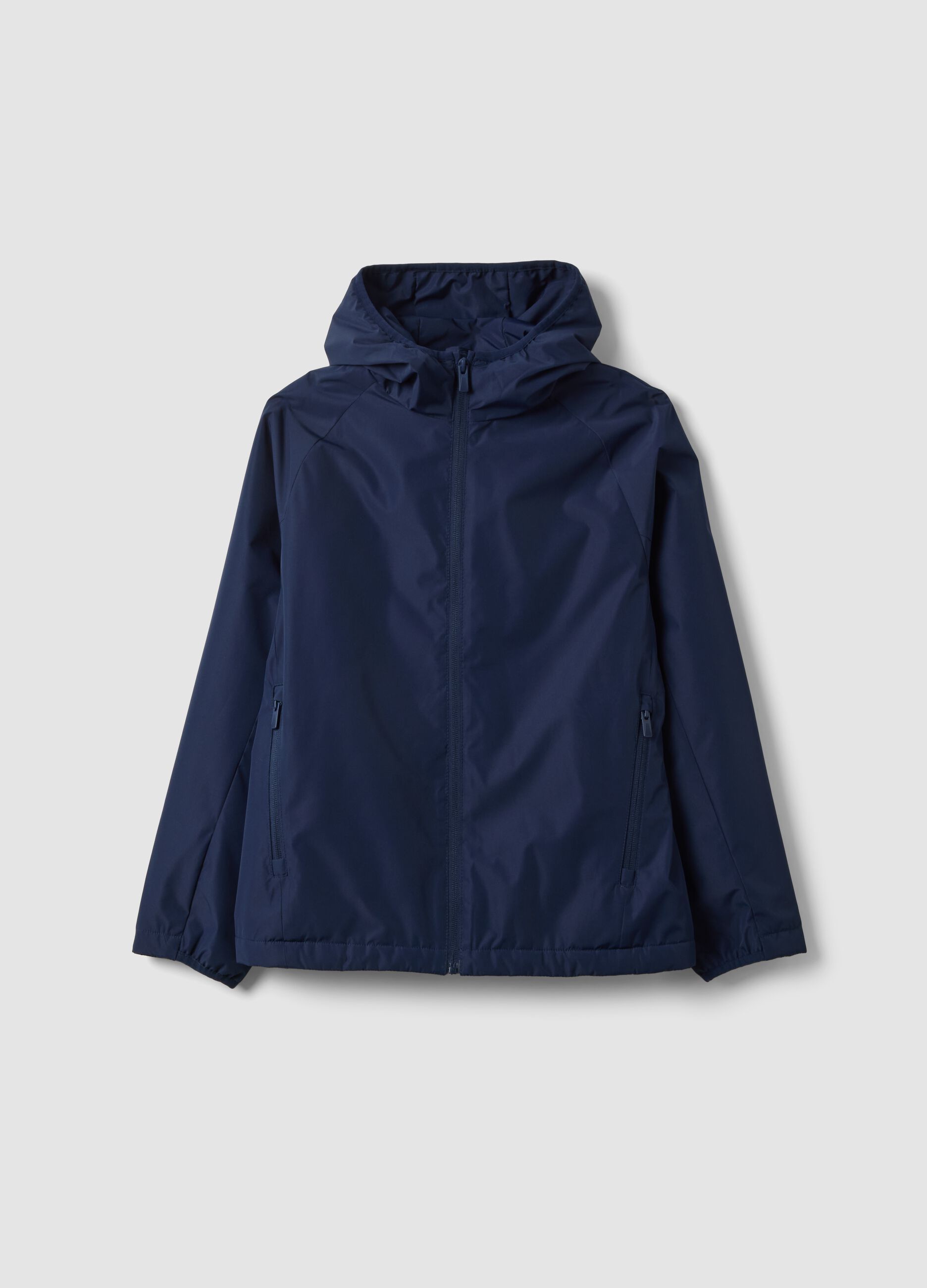 Blue boys&rsquo; rain jacket with hood and zip