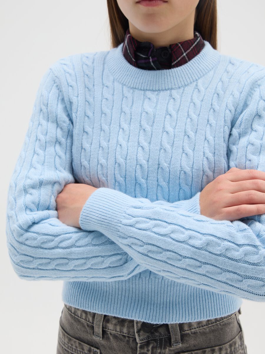Girls' Blue Crew Neck Sweater with Cable Pattern Regular Fit_2