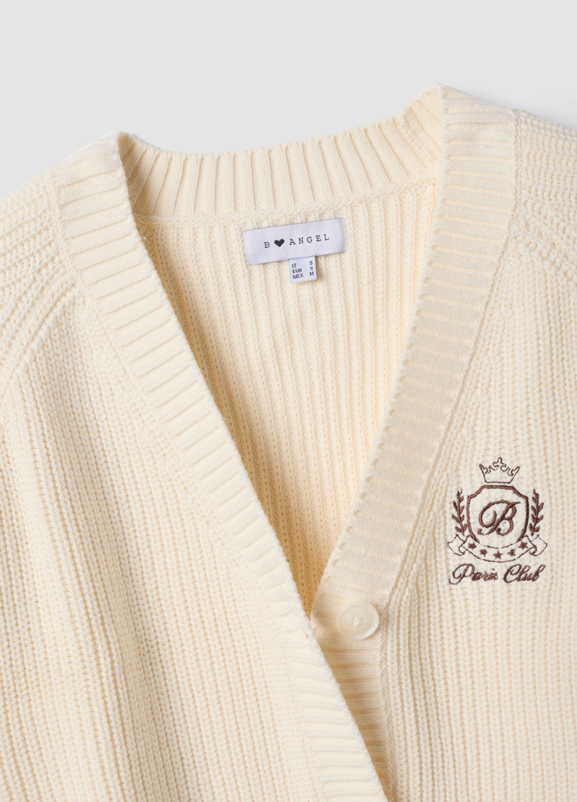 Beige cotton-blend fitted cardigan with deep V-neck