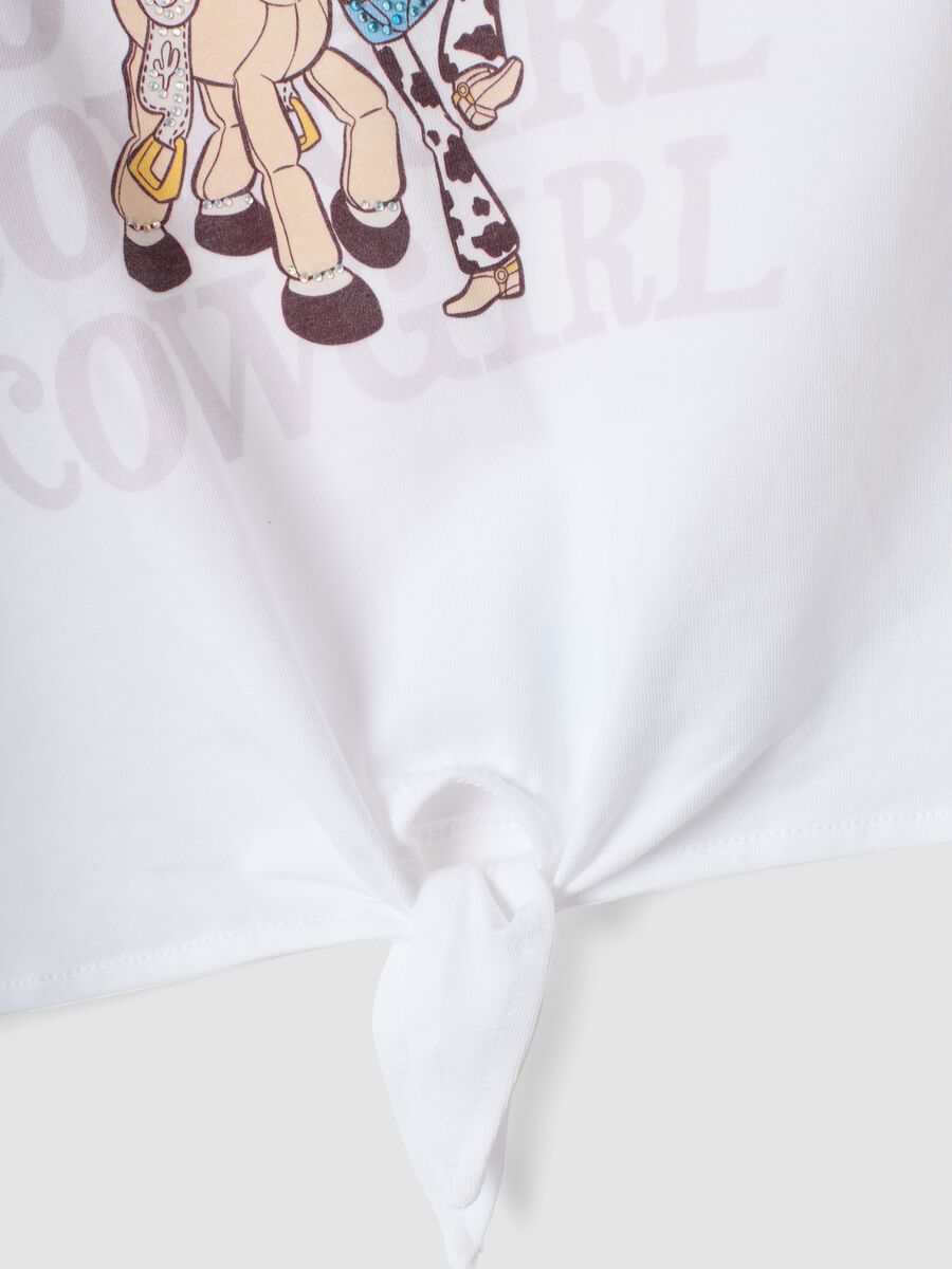 White stretch cotton T-shirt with knot and Toy Story print for girls_4