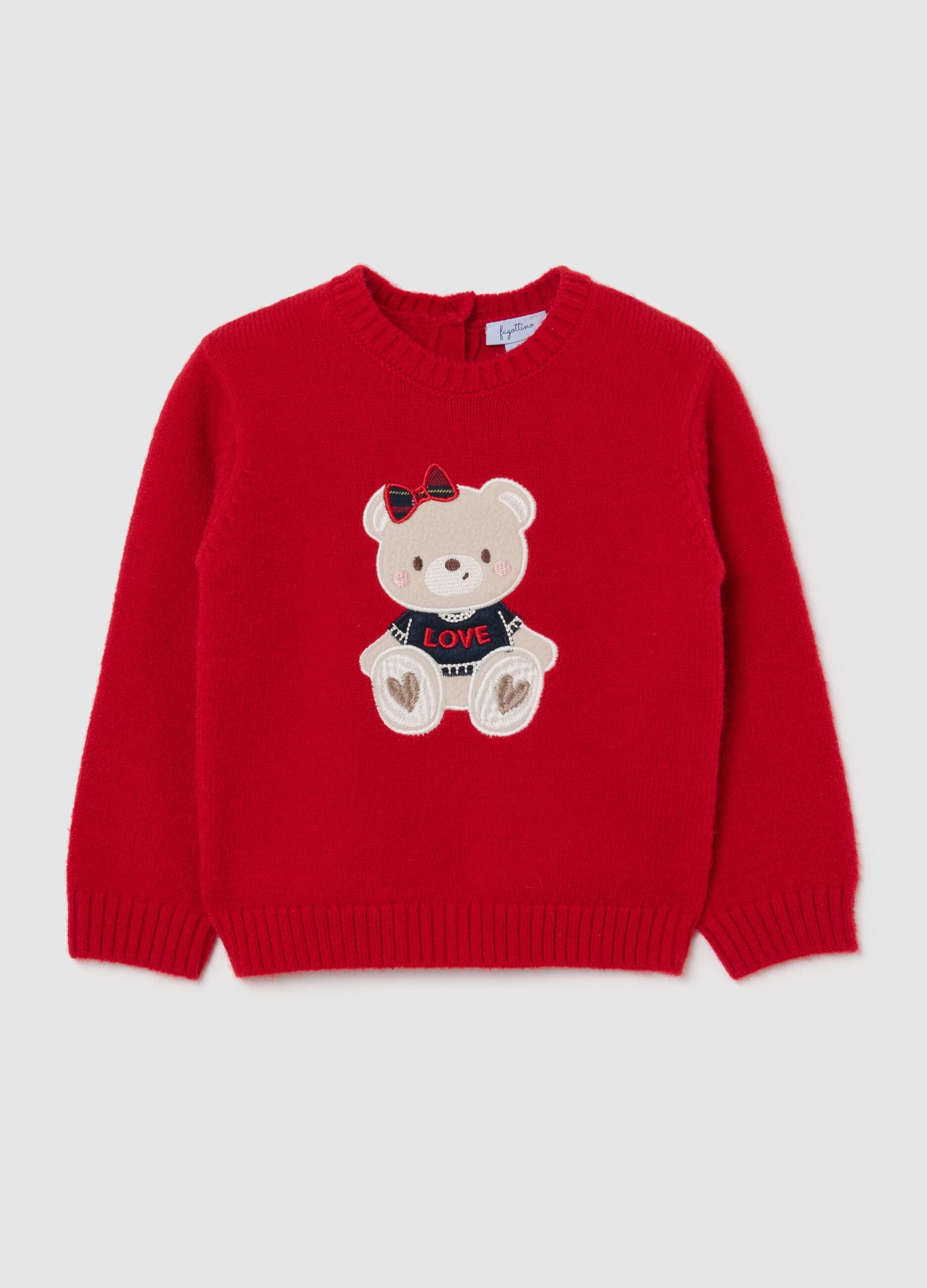 Regular fit red jumper for girls with teddy bear embroidery