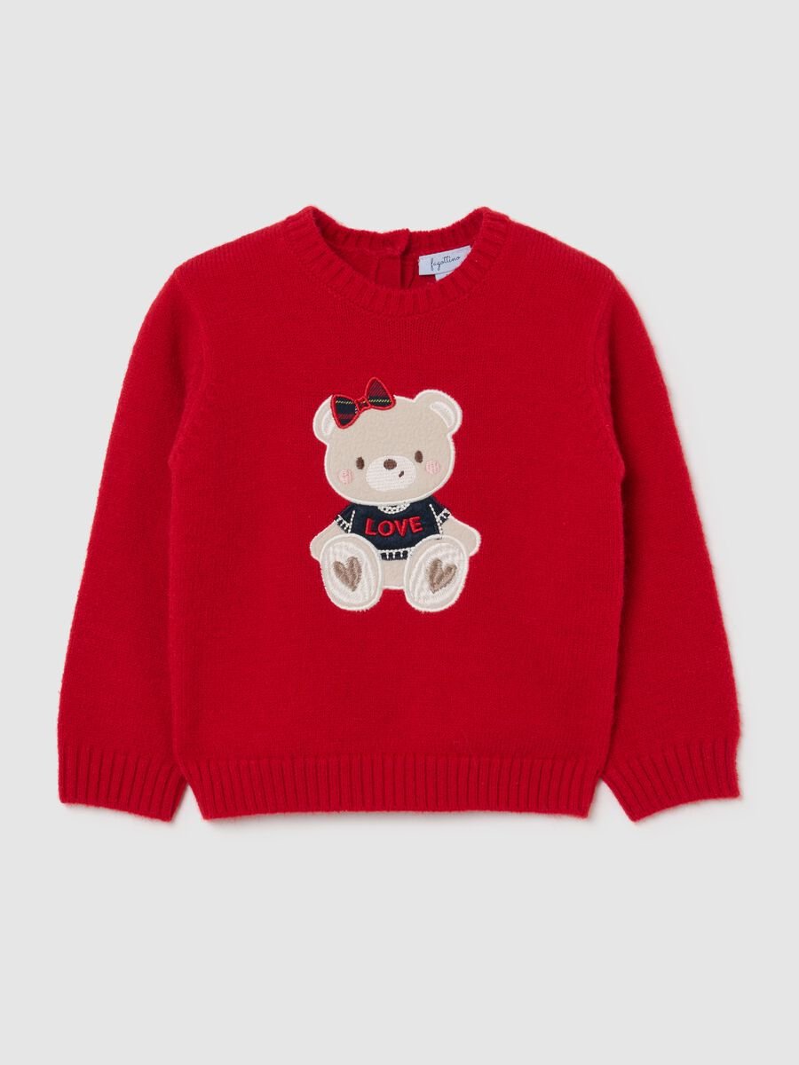 Regular fit red jumper for girls with teddy bear embroidery_0
