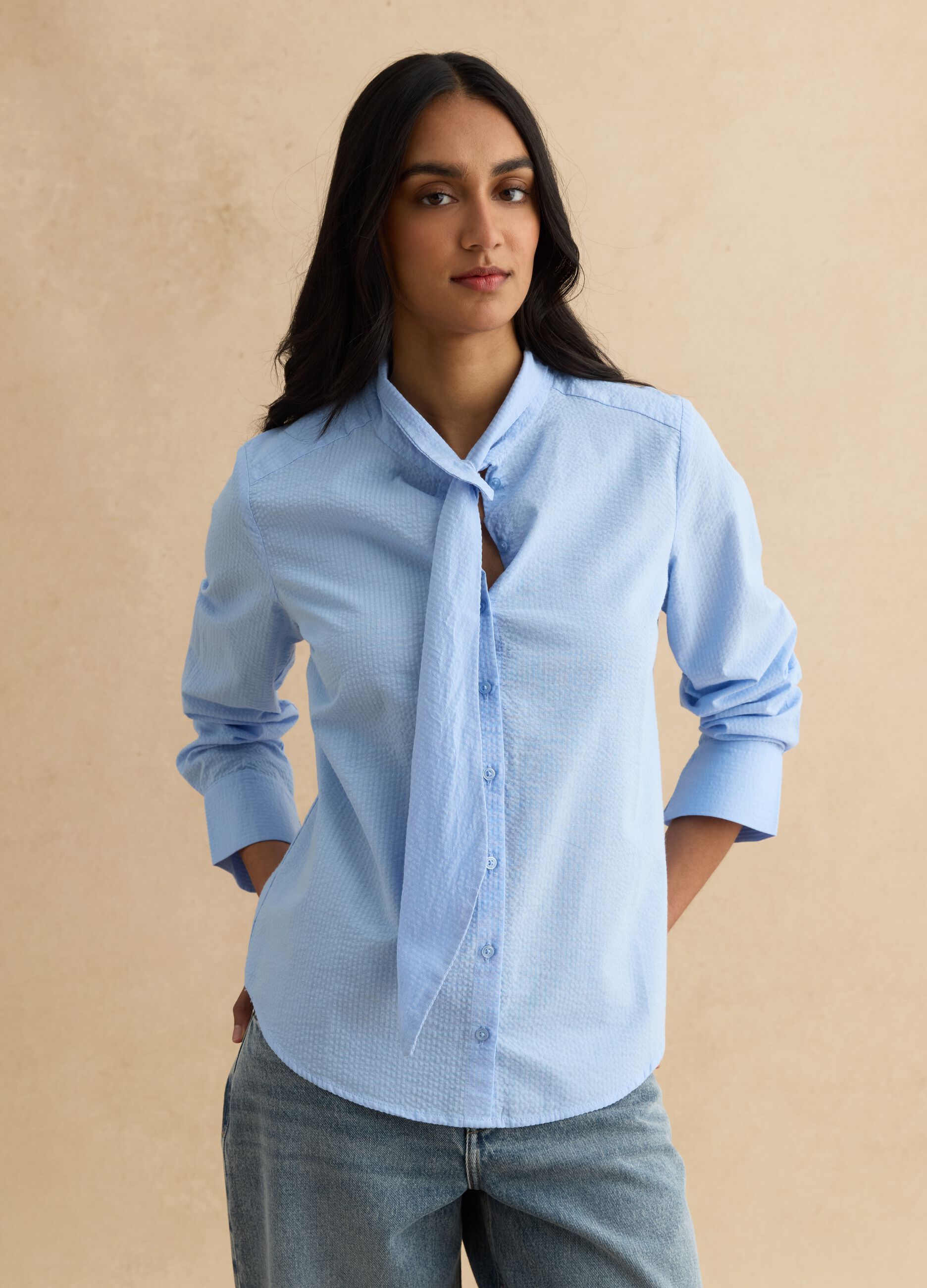 Pure cotton light blue regular fit shirt with bow collar