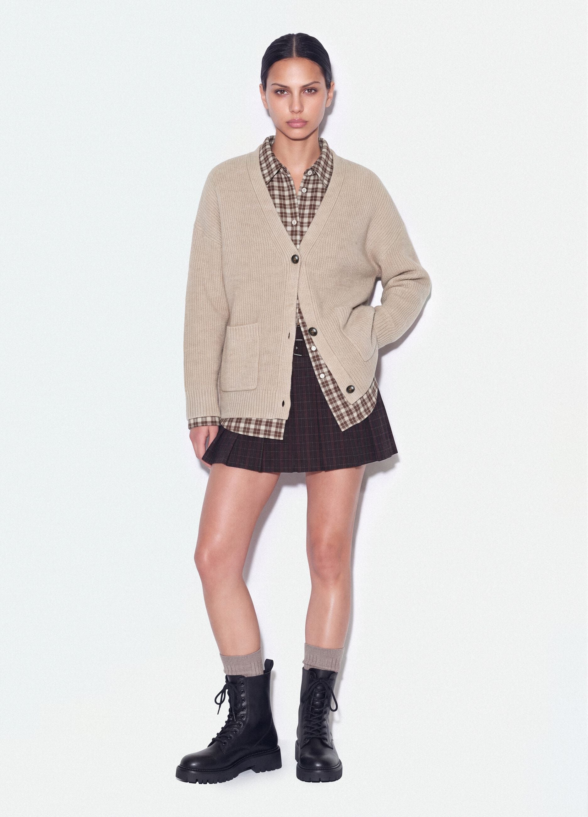 Beige stretch-fabric cardigan with deep V-neck