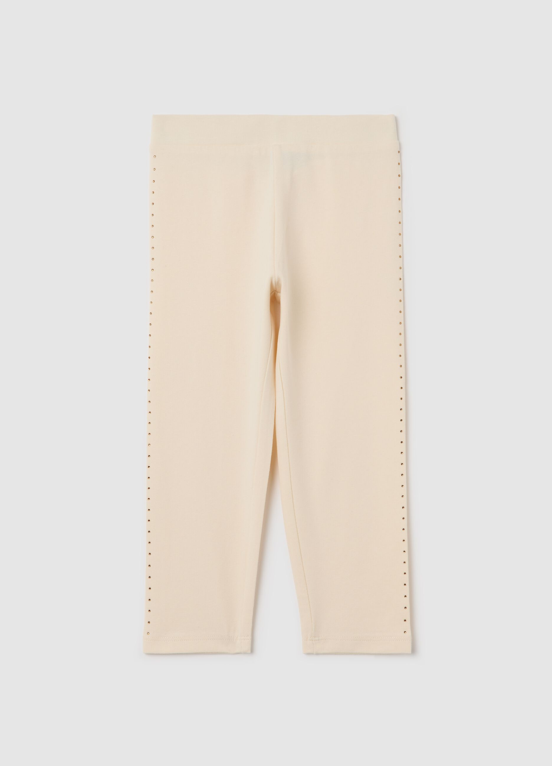 Beige three-quarter leggings in stretch cotton with diamantés